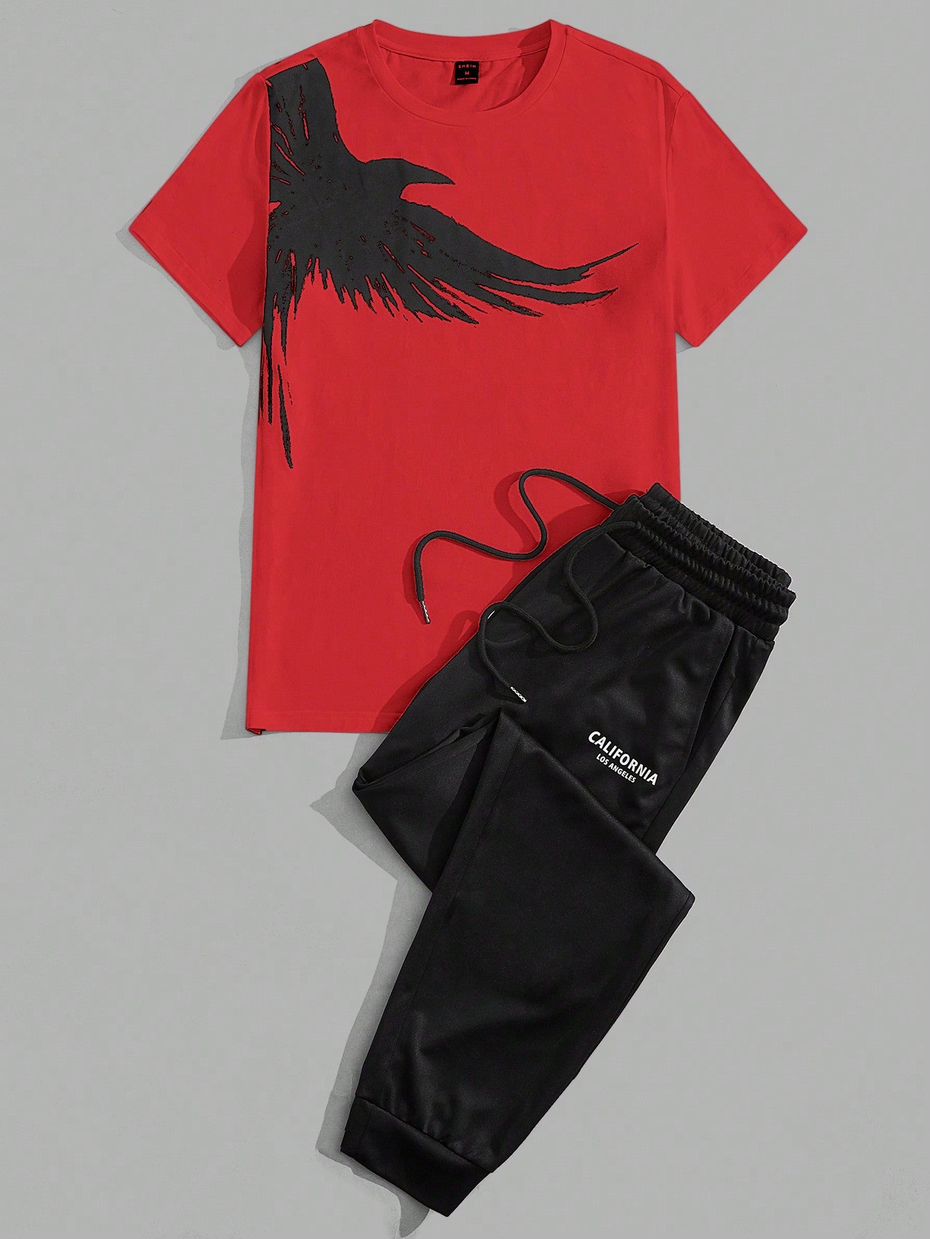 Men Cotton Eagle Print Tee & Letter Graphic Drawstring Waist Pants