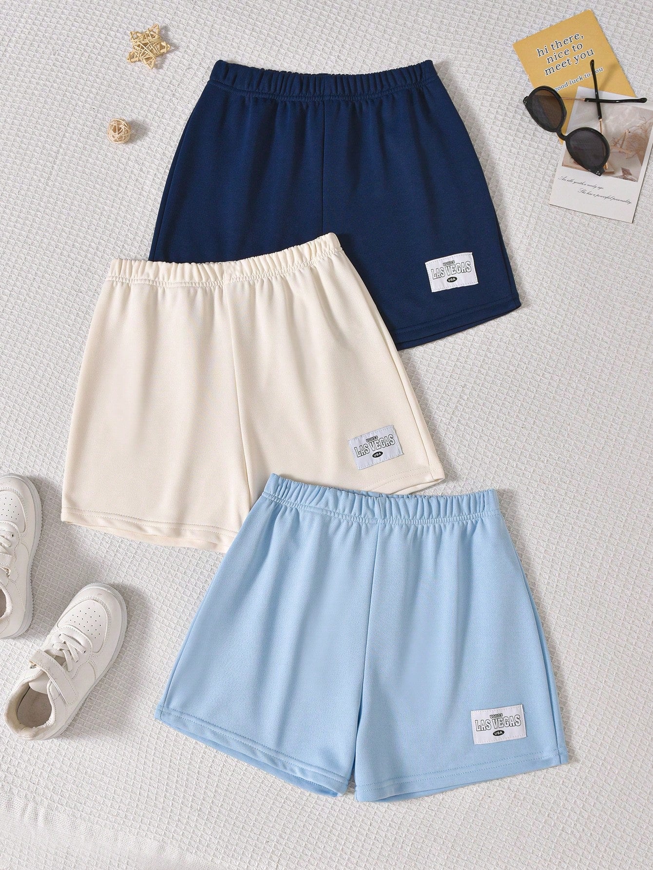 Kids Tween Girl Summer Casual 3pcs Set, Grey/White/Green Color Combination, Comfortable Shorts Outfit