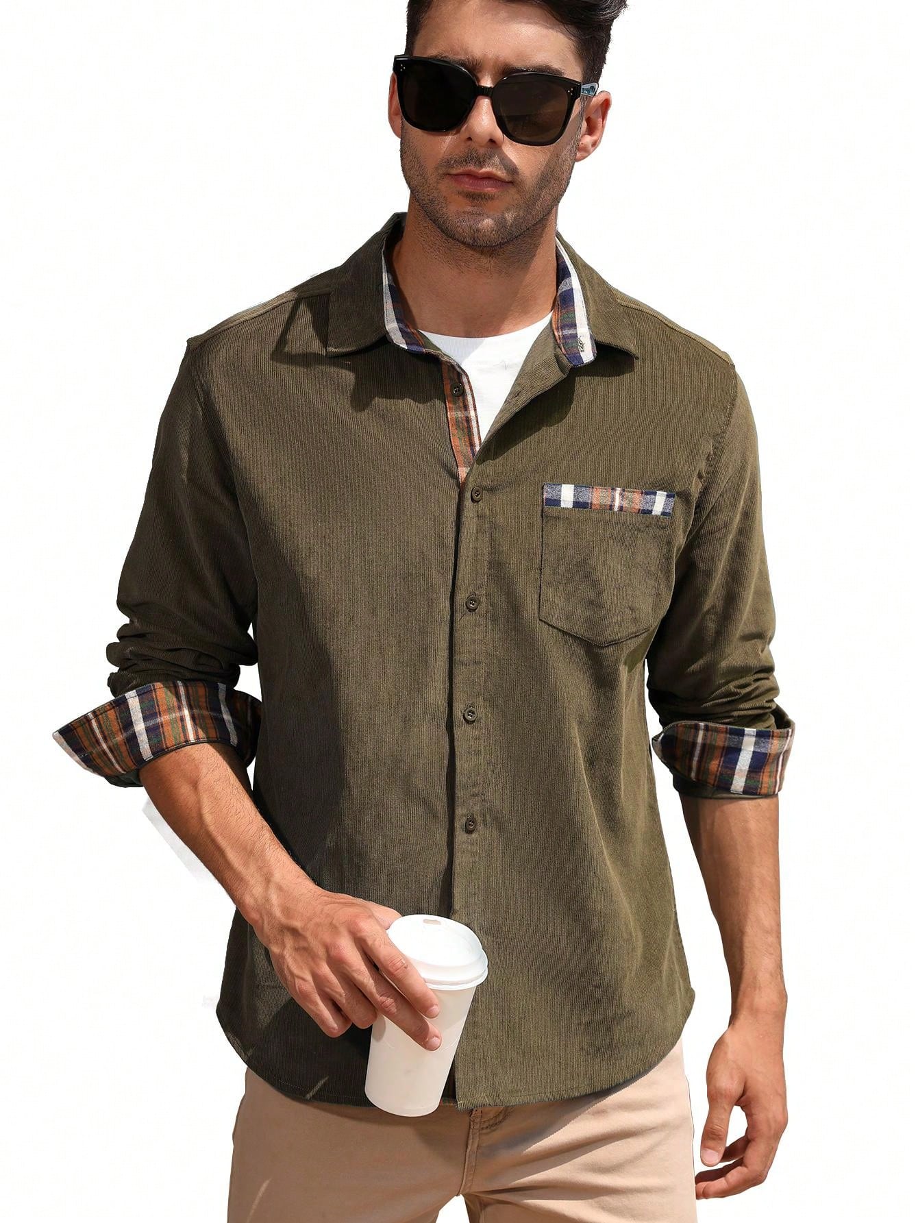 Men's Casual Shirt Corduroy Plaid Button Down Work Shirt Jacket With Pocket Shirts