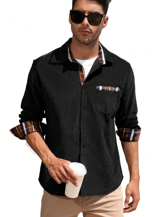 Men's Casual Shirt Corduroy Plaid Button Down Work Shirt Jacket With Pocket Shirts