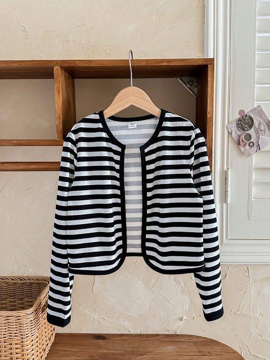 Tween Girl Knitted Color-Block Striped Long Sleeve Cardigan For Daily Casual Wear