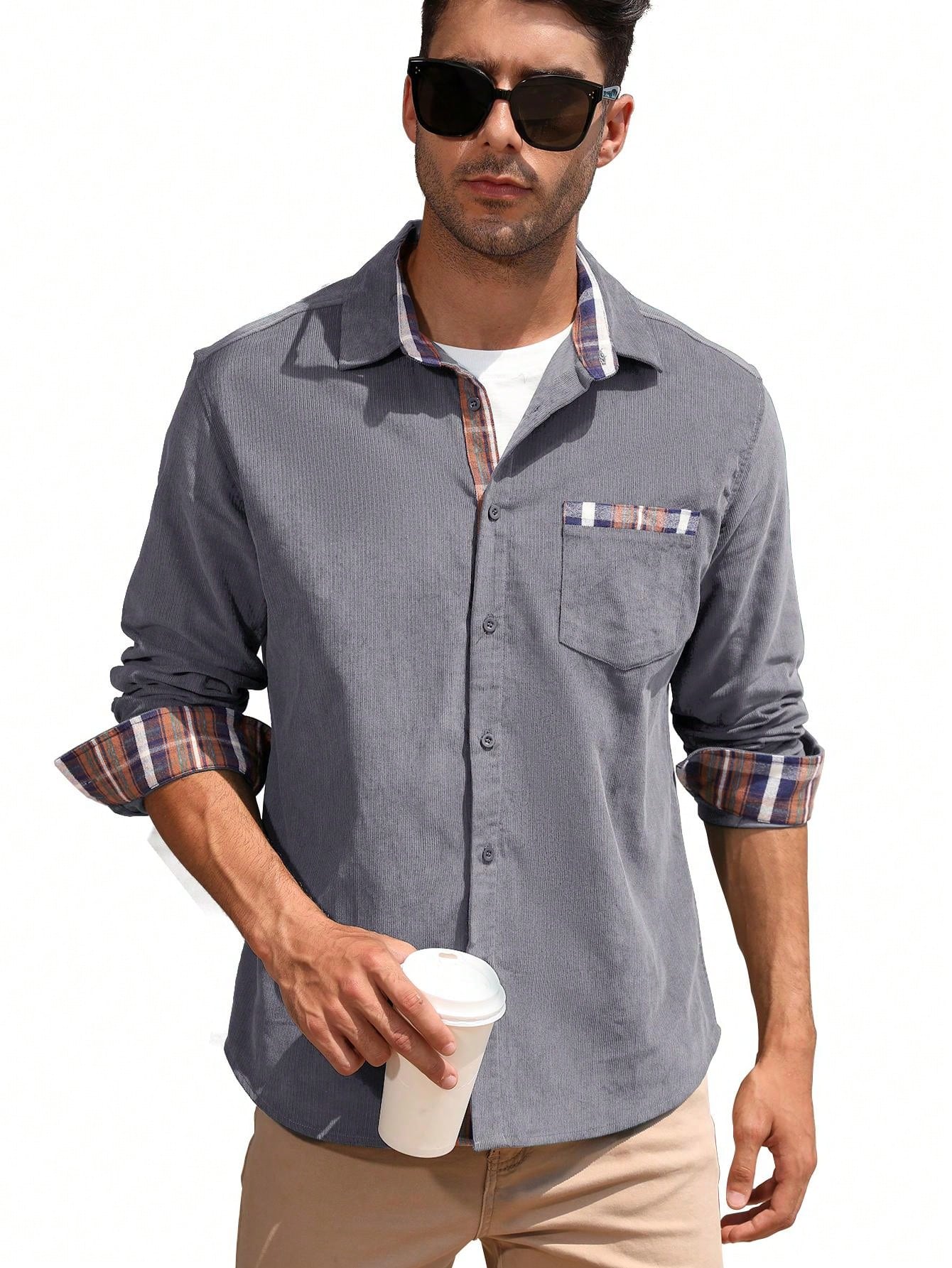 Men's Casual Shirt Corduroy Plaid Button Down Work Shirt Jacket With Pocket Shirts