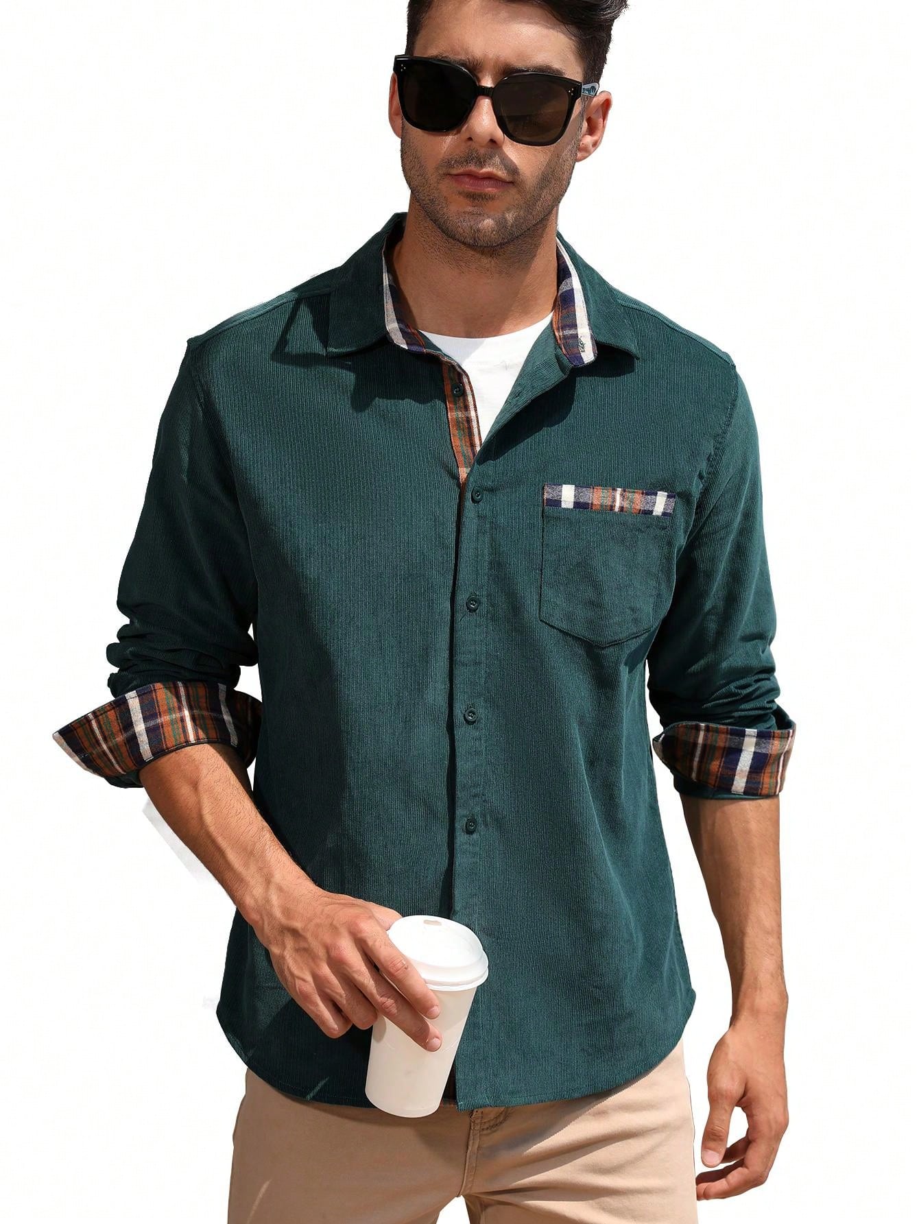 Men's Casual Shirt Corduroy Plaid Button Down Work Shirt Jacket With Pocket Shirts