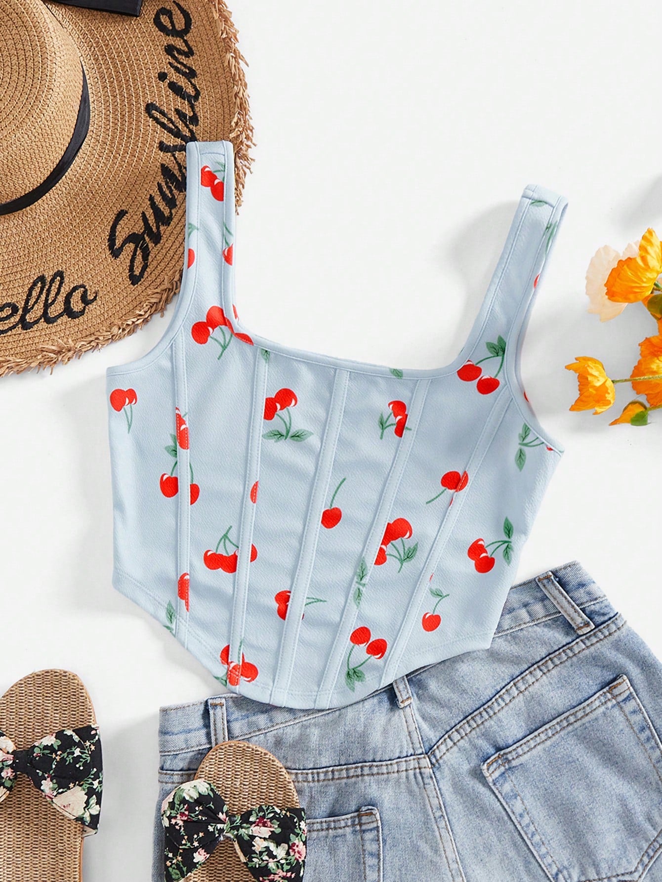 Vacation Summer Cherry Printed Knitted Corset Square Neck Crop Tank Top, Perfect For Vacation Cute Summer Tops,Dress To Impress 25 Styles