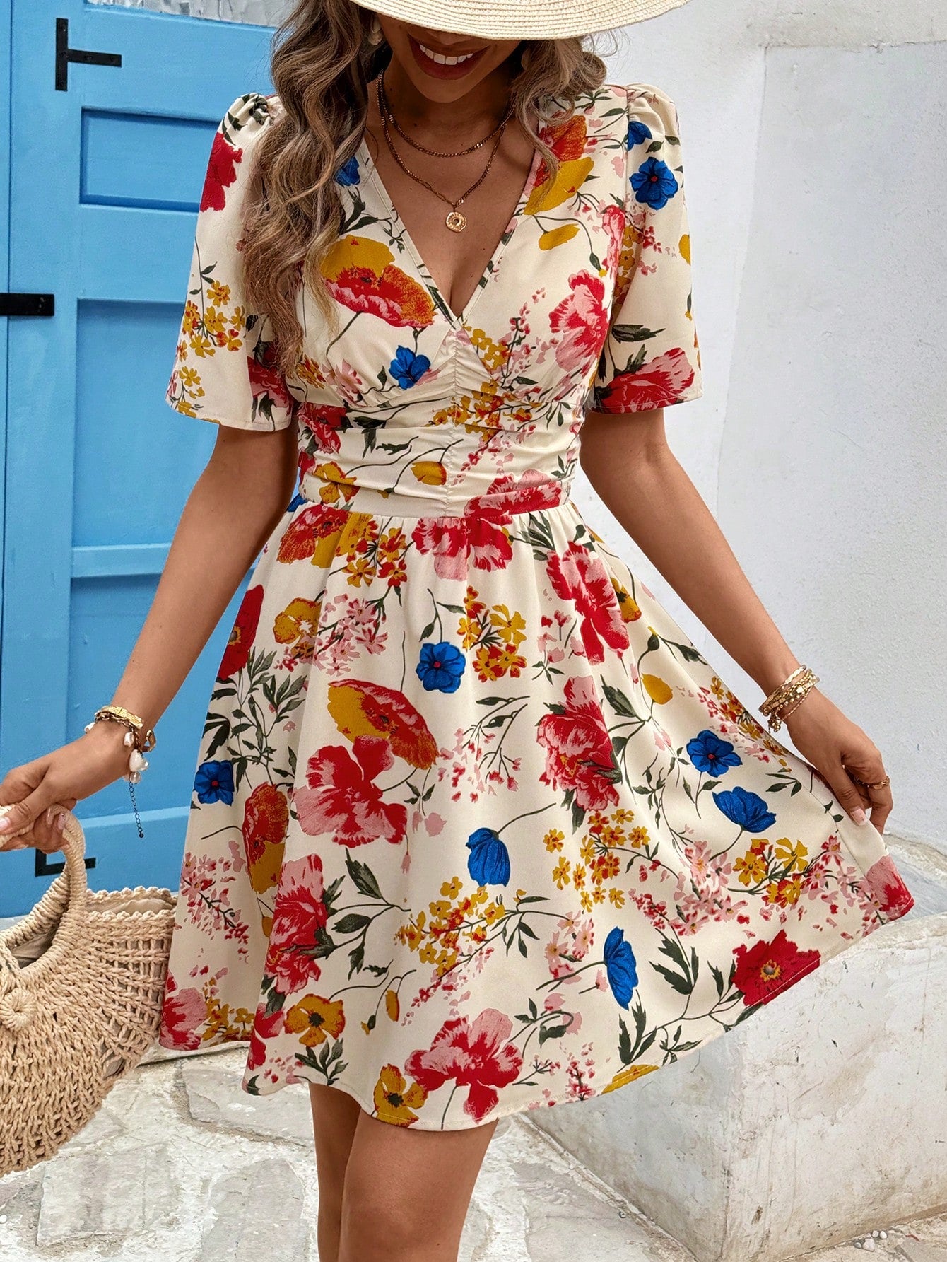 Women's Summer Holiday Casual Ditsy Floral Cinching Waist Dress