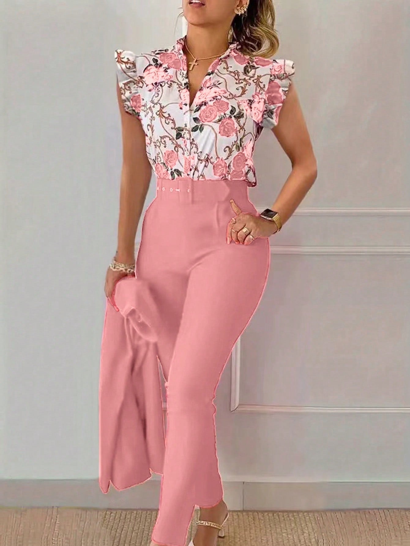 Women's 2pcs Set - Floral Pattern V-Neck Top With Ruffle Sleeves And High-Waist Pocketed Solid Slim Fit Pants