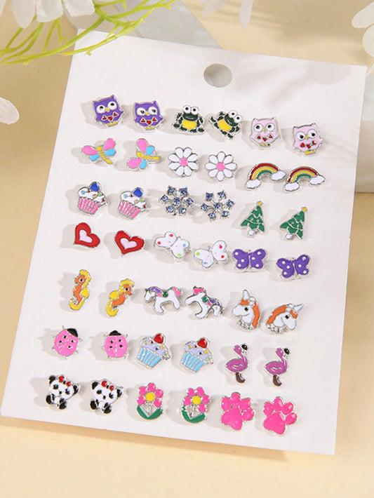 21 Pairs Flower, Heart, Cat, Owl, Unicorn Shaped Earrings Set