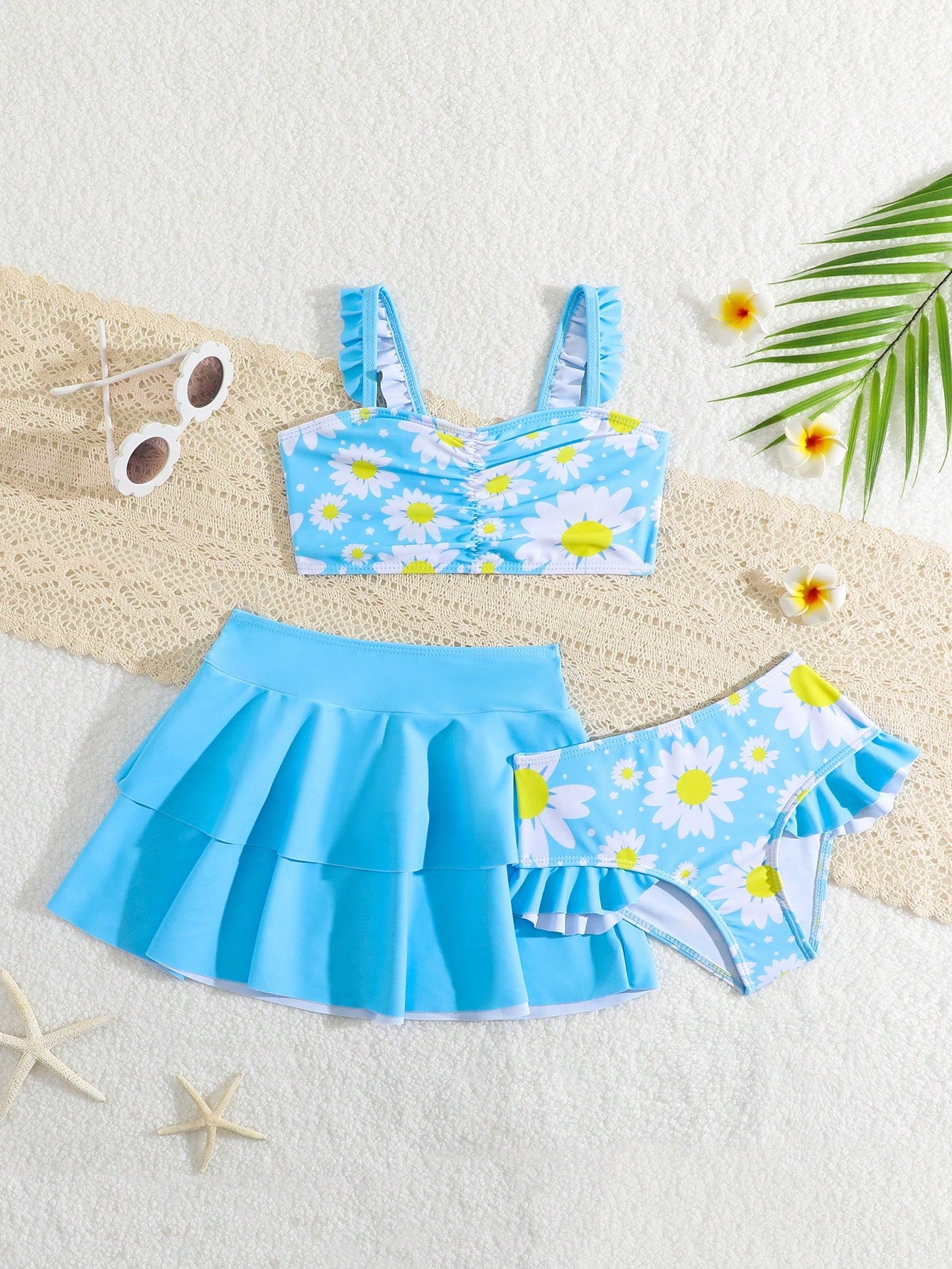 Young Girl's Random Printed Bikini Set With Ruffle Trim + Swim Skirt 3pcs