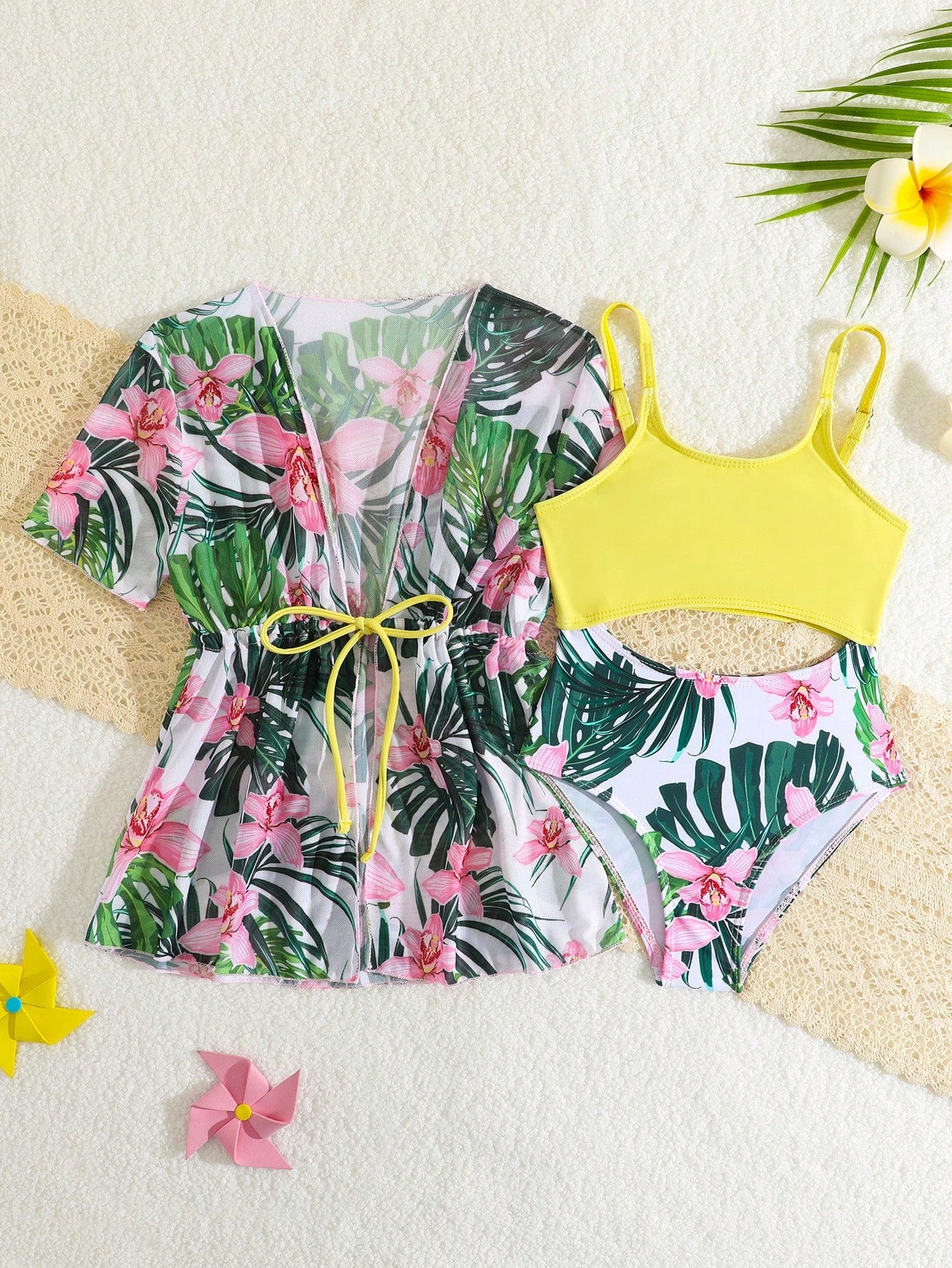 Young Girl Tropical Print Cut Out One Piece Swimsuit With Kimono