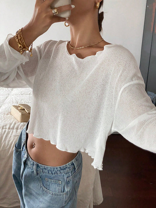 Women's Casual Round Neck Solid Color Cropped Long Sleeve Top