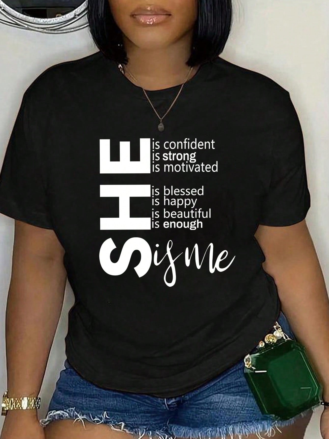 Plus Short-Sleeved T-Shirt With Slogan SHE Is Confident Is Strong Is Motivated Is Happy Is Beautiful Is Enough Is Me