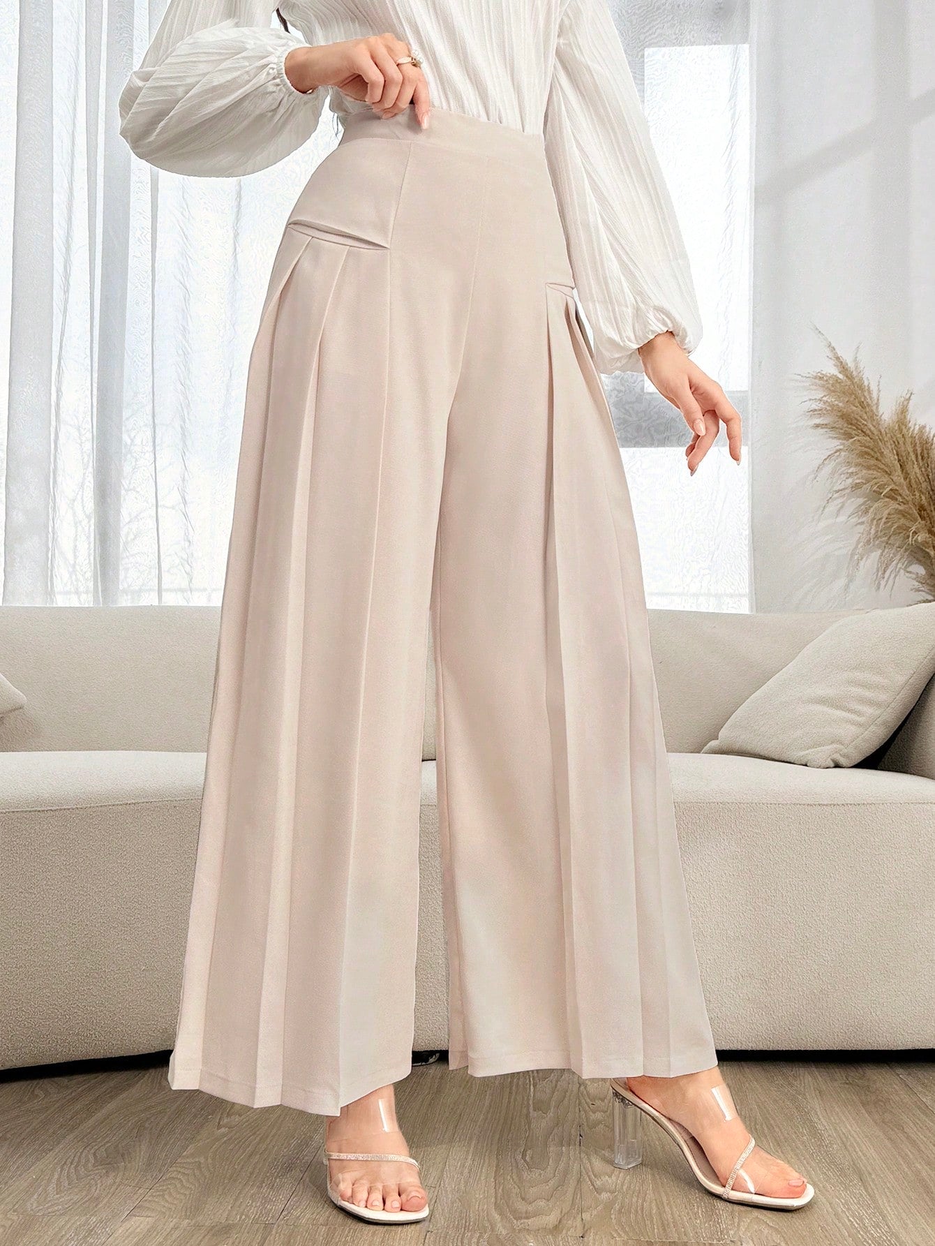 Modely Ladies' Solid Color Pleated Casual Daily Wear Long Pants