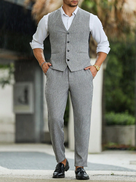 Men's Single-Breasted Casual Vest And Suit Pants Set