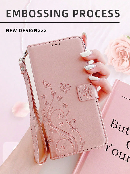 1pc Pressed Flower & Butterfly Pattern Card Slot Wallet Case With Wrist Strap Compatible With Iphone 15/galaxy A51 4g/oneplus Nord Ce 3 Lite/xiaomi Poco X4pro 5g/redmi A1+/a2+/google Pixel 8/honor X9a 5g/magic 5 Lite/huawei Y5p (rose Gold)