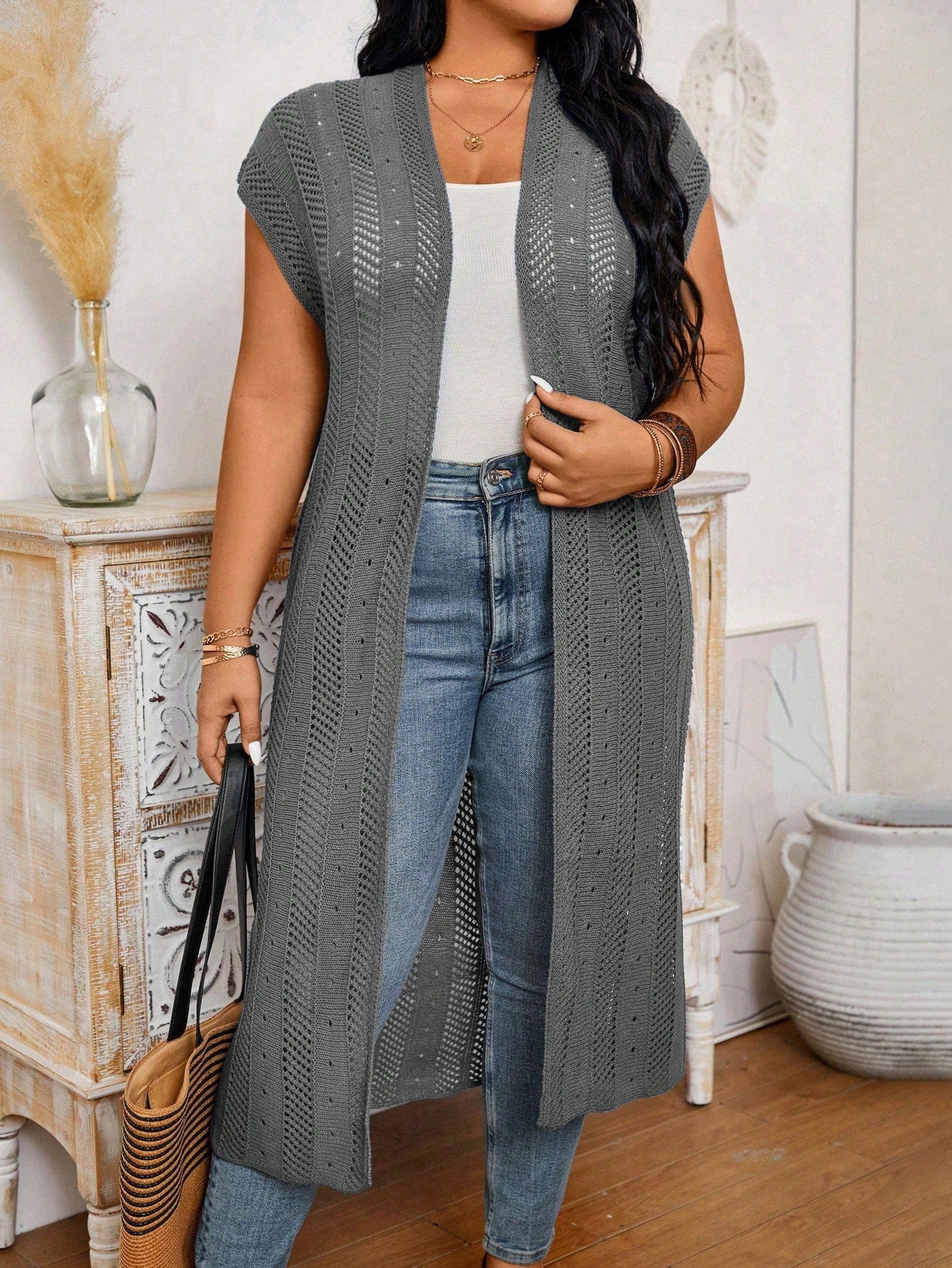 Plus Size Solid Color Long Cardigan With Flare Sleeves