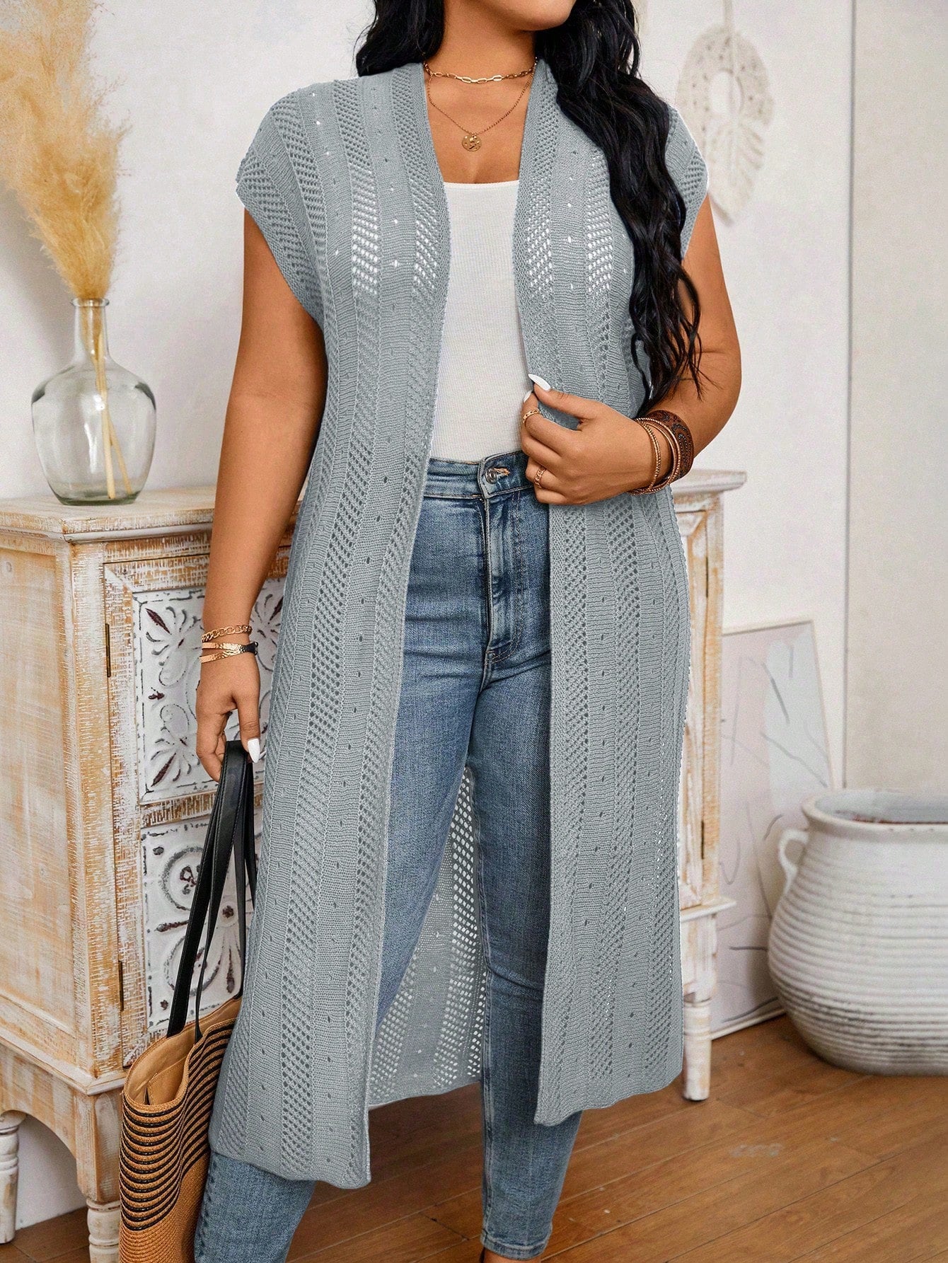 Plus Size Solid Color Long Cardigan With Flare Sleeves