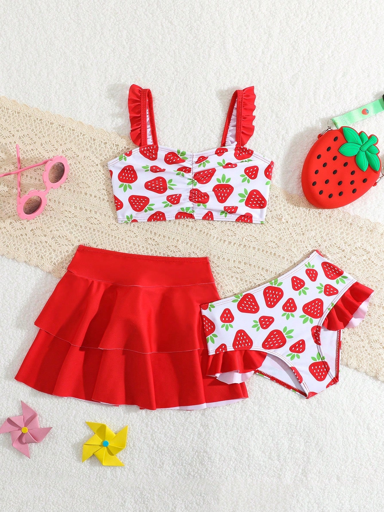 Young Girl's Random Printed Bikini Set With Ruffle Trim + Swim Skirt 3pcs