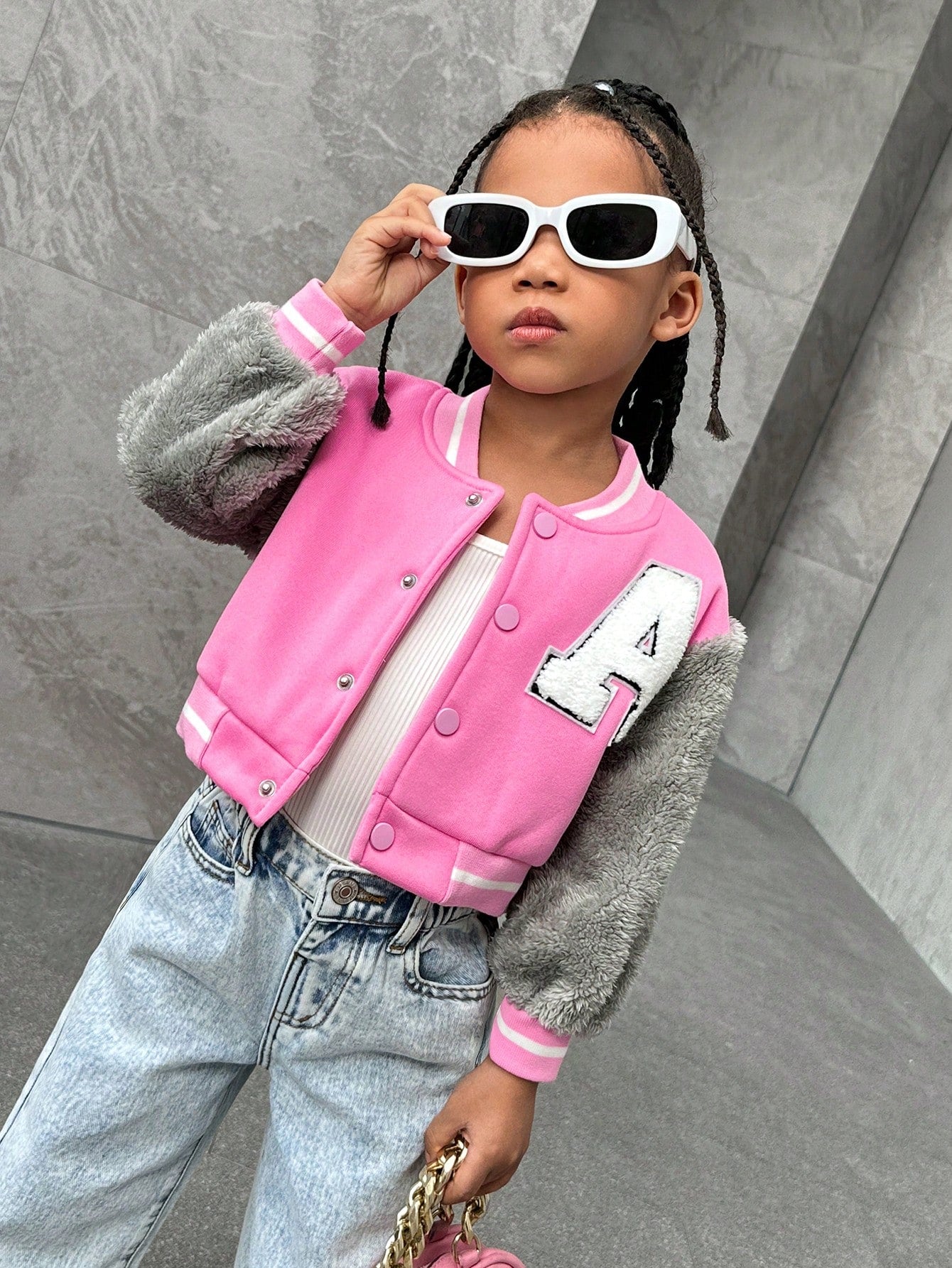 Streecool Kids Cool Street Style Girls' Plush & Faux Fur Patchwork Pink Short Jacket With College Letter Emblem And Color Blocking