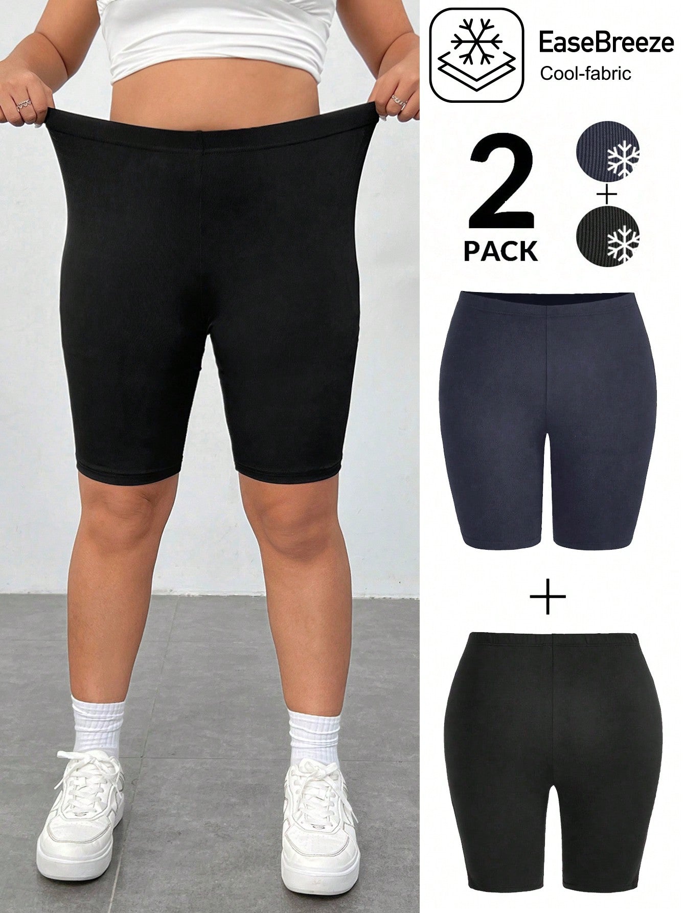 Women's Plus Size 2pcs Set: Black Knitted High-Waisted Compression Shorts And Cycling Shorts, Made With Ice Silk Cool Fabric, Perfect For Everyday Wear, Outdoor Sports, And Casual Activities Without Restriction.