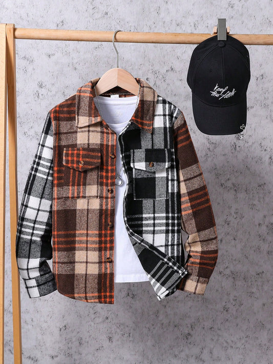 Tween Boy Plaid Color Block Button-Down Shirt Style Jacket With Long Sleeves