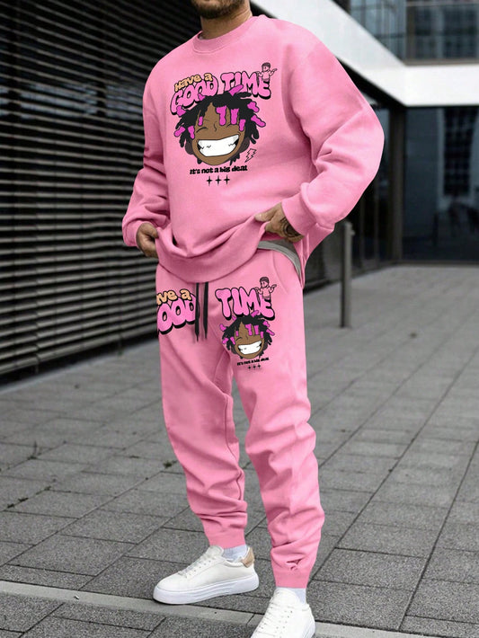 Men Cartoon And Letter Graphic Thermal Lined Hoodie & Sweatpants , Men's Fashionable Trendy Popular Hip-Hop Dreadlocks Cartoon Oversized Print Pink Round Neck Sweater And Pants Set ,Oversized Graphic Two Piece Outfits ,Streetwear