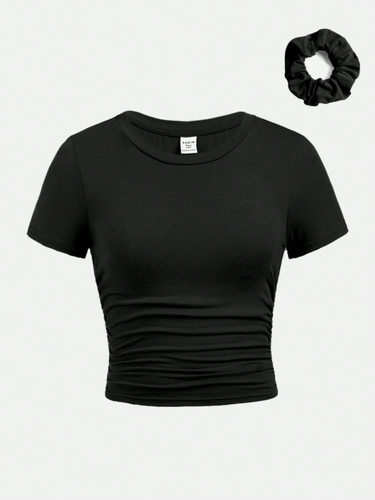 Tween Girl Slim Fit Casual Round Neck Short Sleeve T-Shirt With Side Pleats And Hair Tie