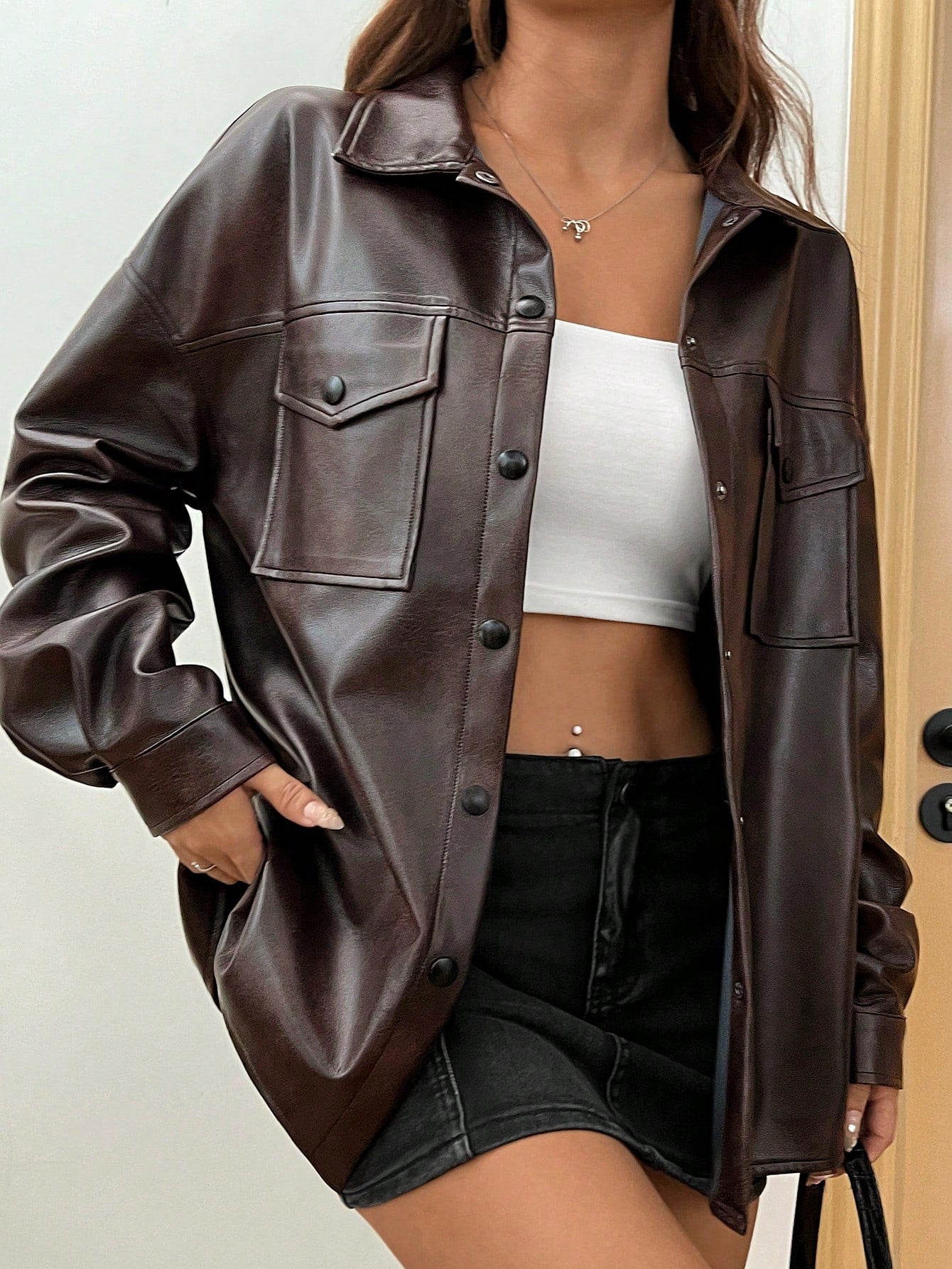 Women's Spring Fashion Faux Leather Shacket Jacket Flap Pocket Drop Shoulder Button Down Blouses Long Sleeve Shirts