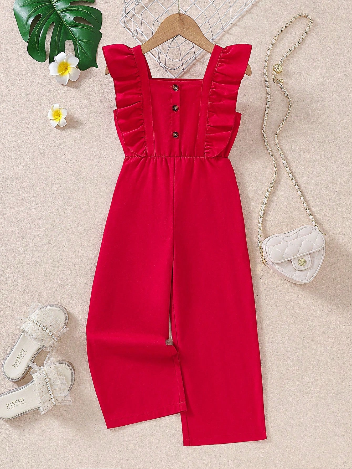 Young Girls' Ruffle Decorated Button Up Half-Placket Jumpsuit