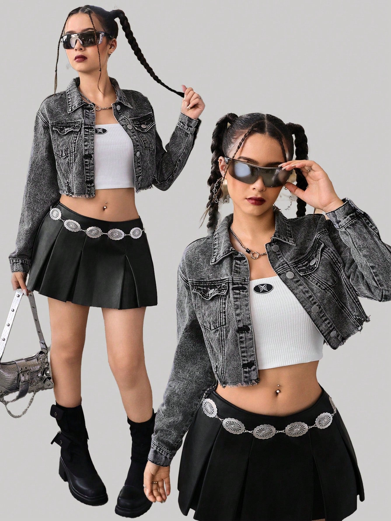 Teenage Girls Black Long Sleeve Lapel Denim Jacket