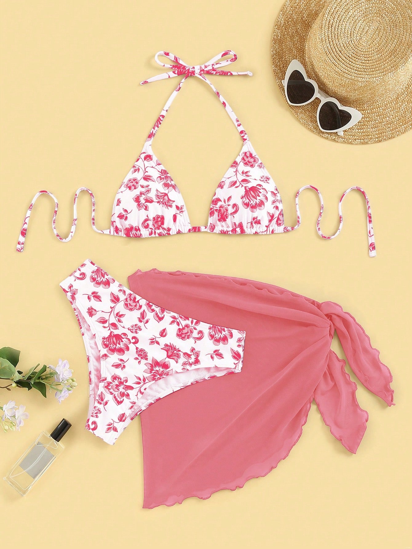 Swim Mod Summer Beach Floral Print Triangle Bikini Set With Beach Skirt