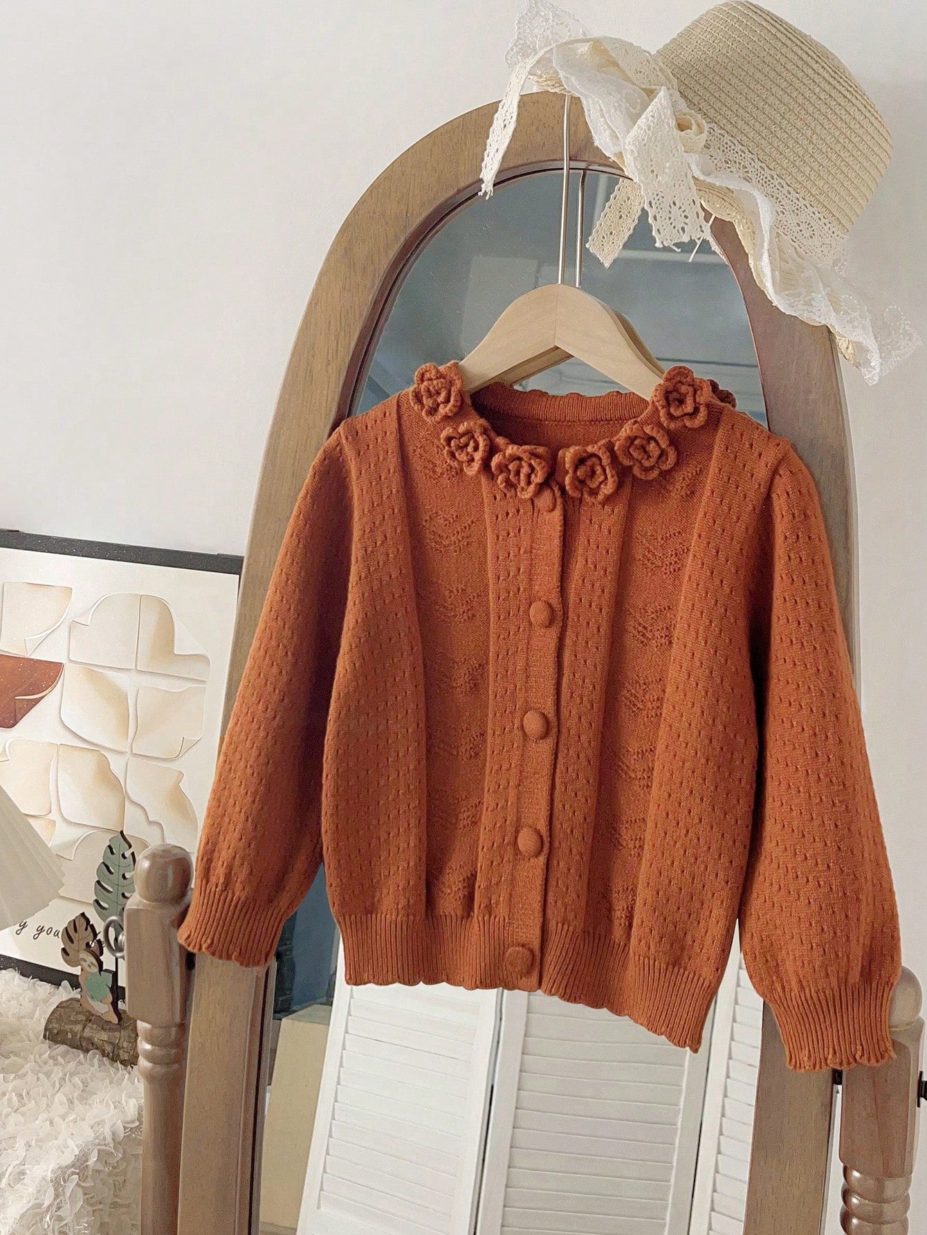 Young Girls' Cardigans, Caramel-Colored Hand-Knitted Flower Decor Sweater, Korean Style Elegant Knitwear To Match With Skirts For Daily Outings And Travel, Long Sleeves