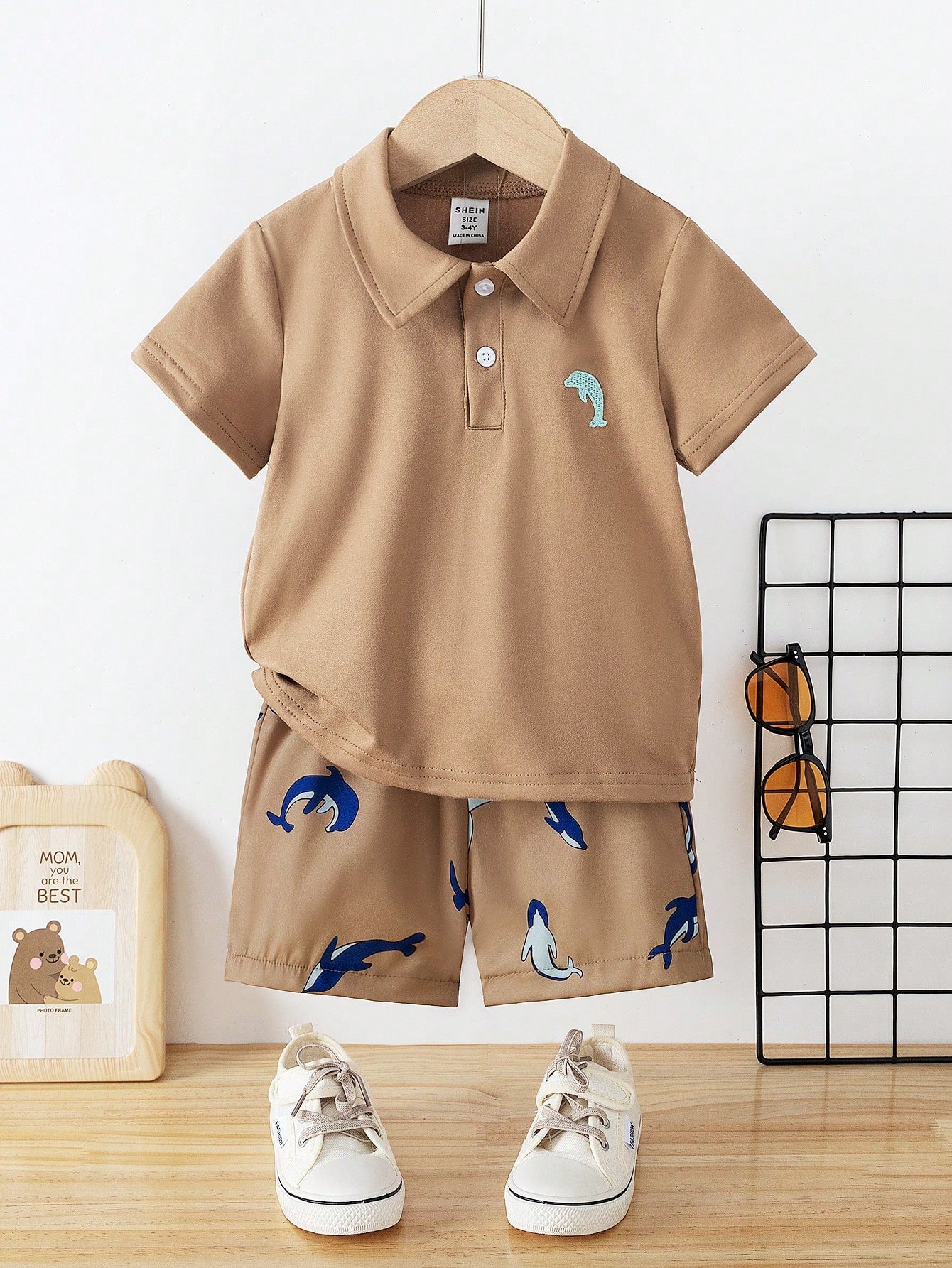 Young Boy 2pcs/Set Casual Knitted Short Sleeve Polo Shirt & Shorts With Dolphin Embroidery For Summer