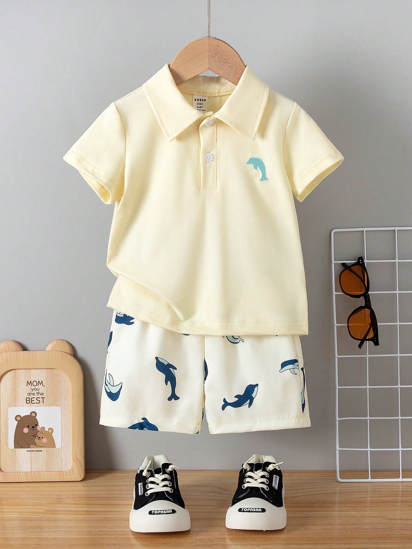 Young Boy 2pcs/Set Casual Knitted Short Sleeve Polo Shirt & Shorts With Dolphin Embroidery For Summer