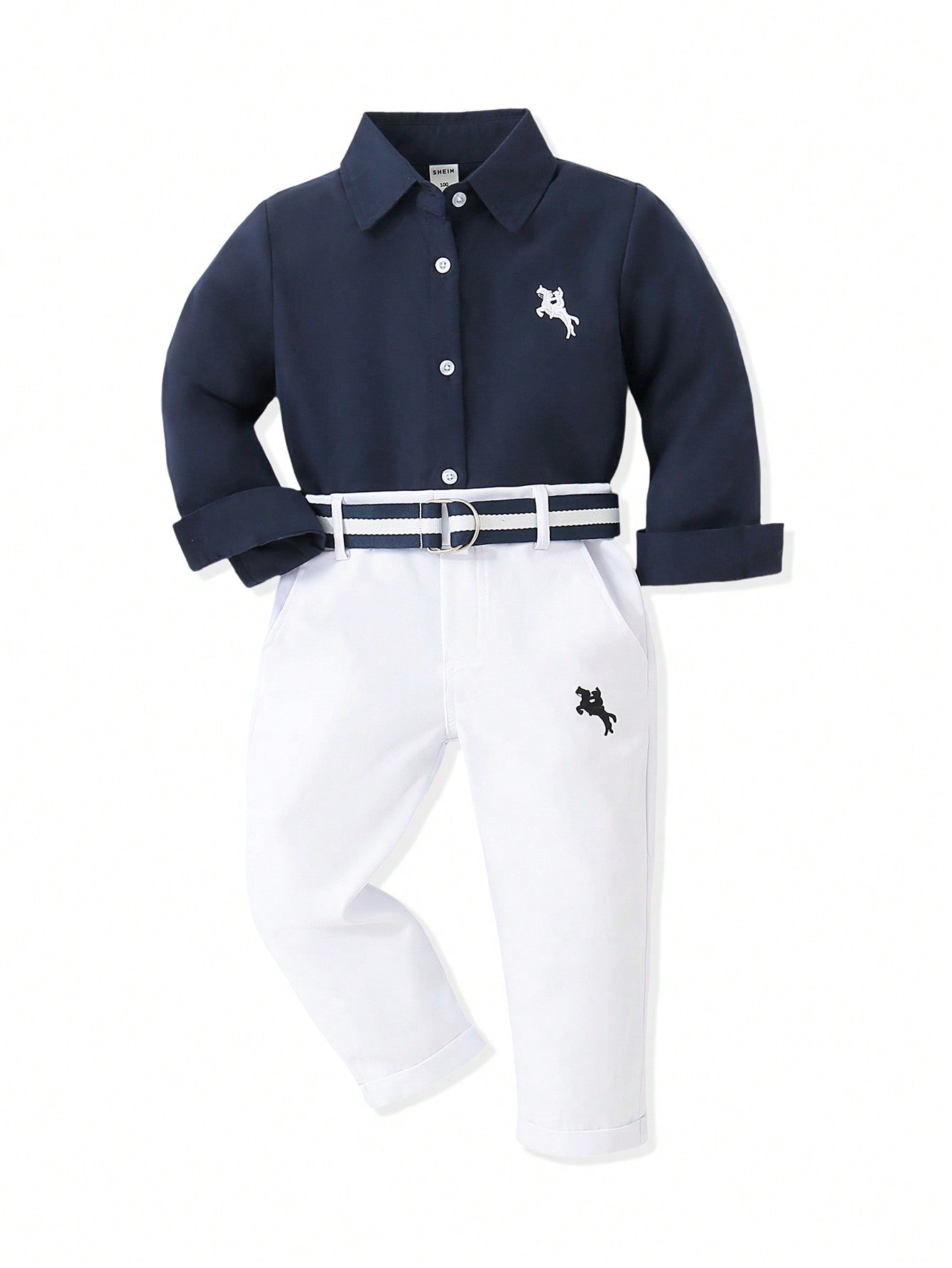 Blossomsprite Kids Young Boy Casual Horse Embroidery Long Sleeve Shirt And Pants Set For Daily Wear