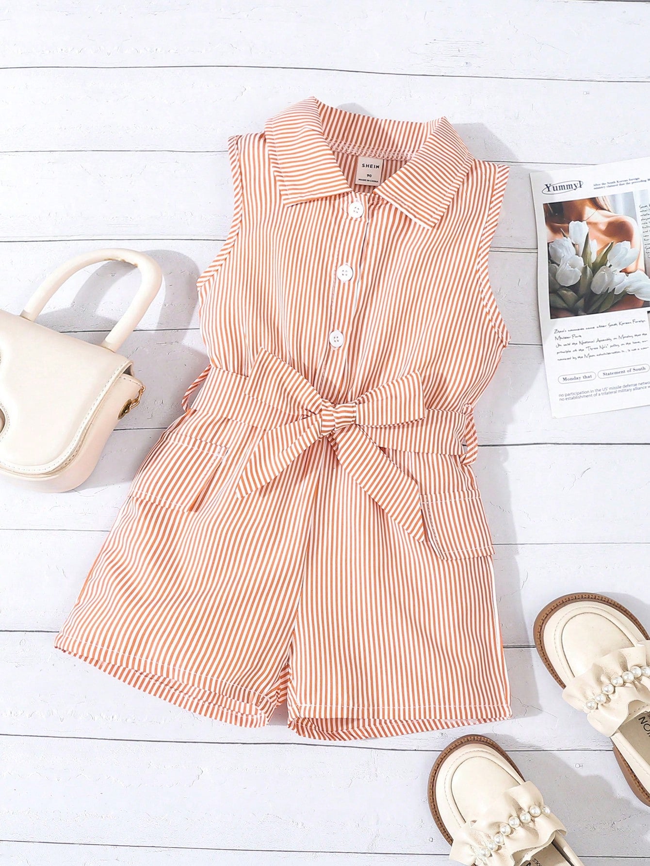 Young Girls' Fashionable Stripe Button Down Sleeveless Romper, Summer