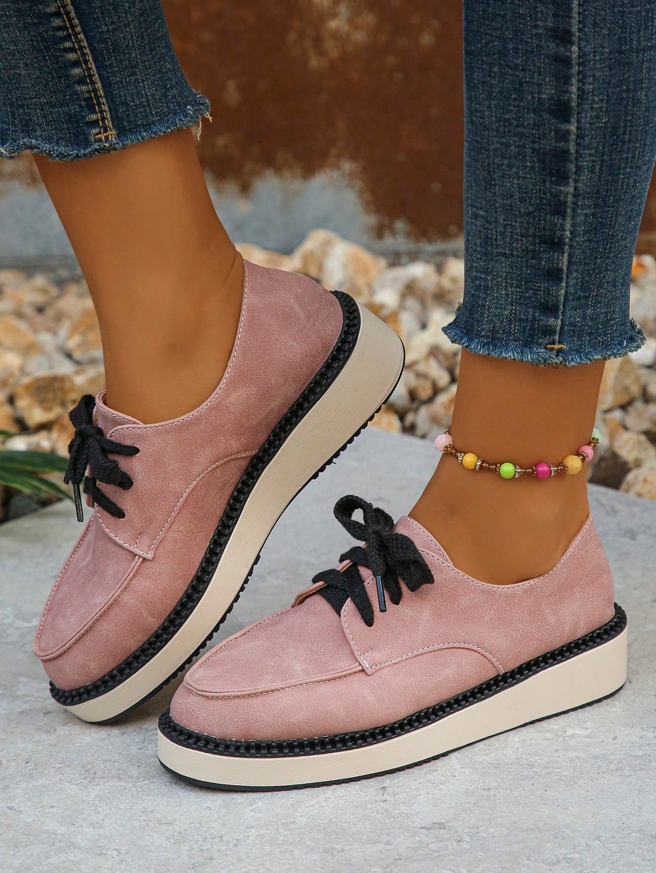 Plus Size 36-42 Women's Pink Sneakers For Daily & Outdoor Wear In Spring/Autumn Season, With Lace-Up, Round Toe, PU Upper, Non-Slip Wedges & Thick Sole