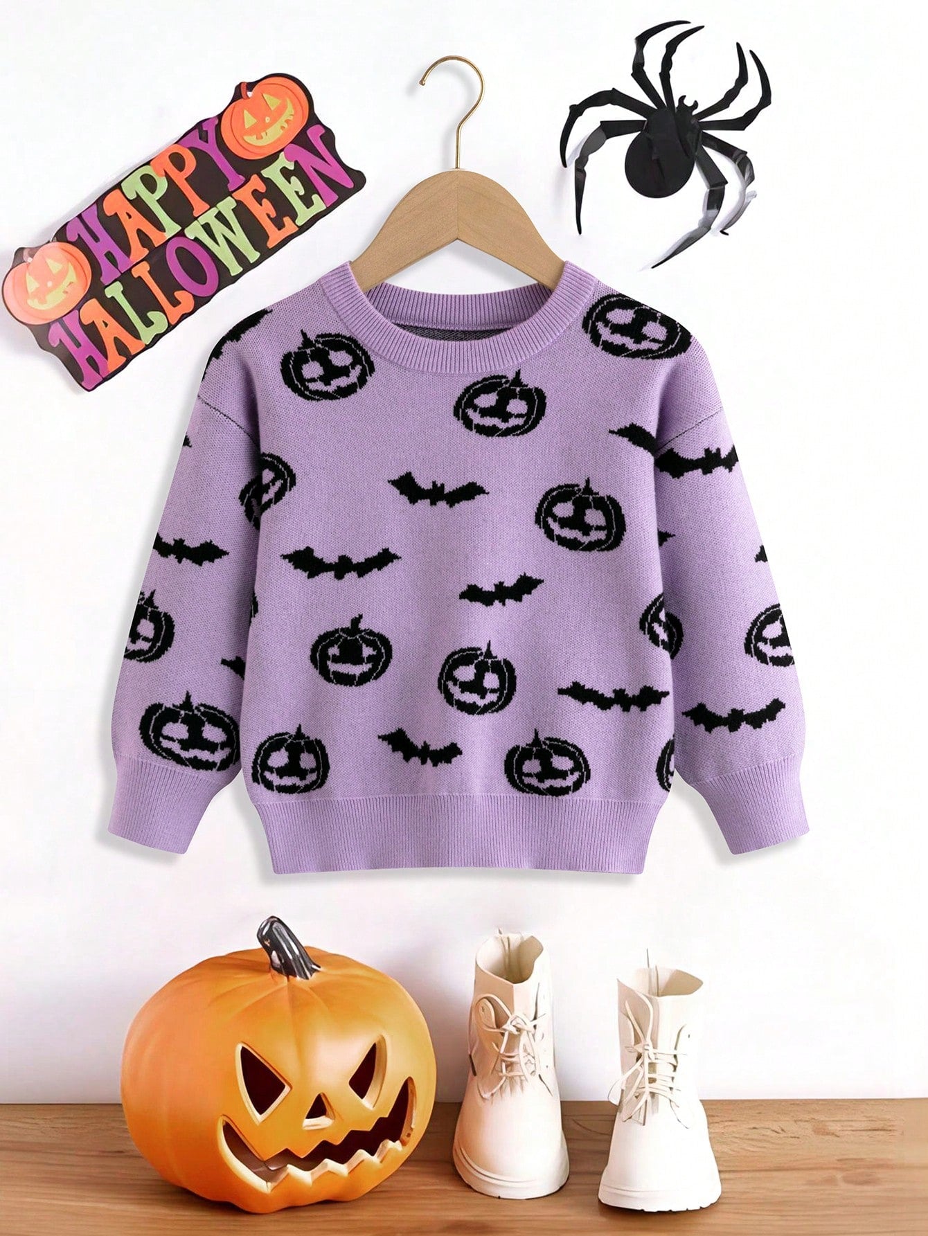 Young Girl Purple Fashionable Casual And Cute Comfortable Soft Halloween Cartoon Patterned Long Sleeve Knitted Sweater, Suitable For Wearing At Home, Daily Outings, Parties, And In Fall And Winter Seasons