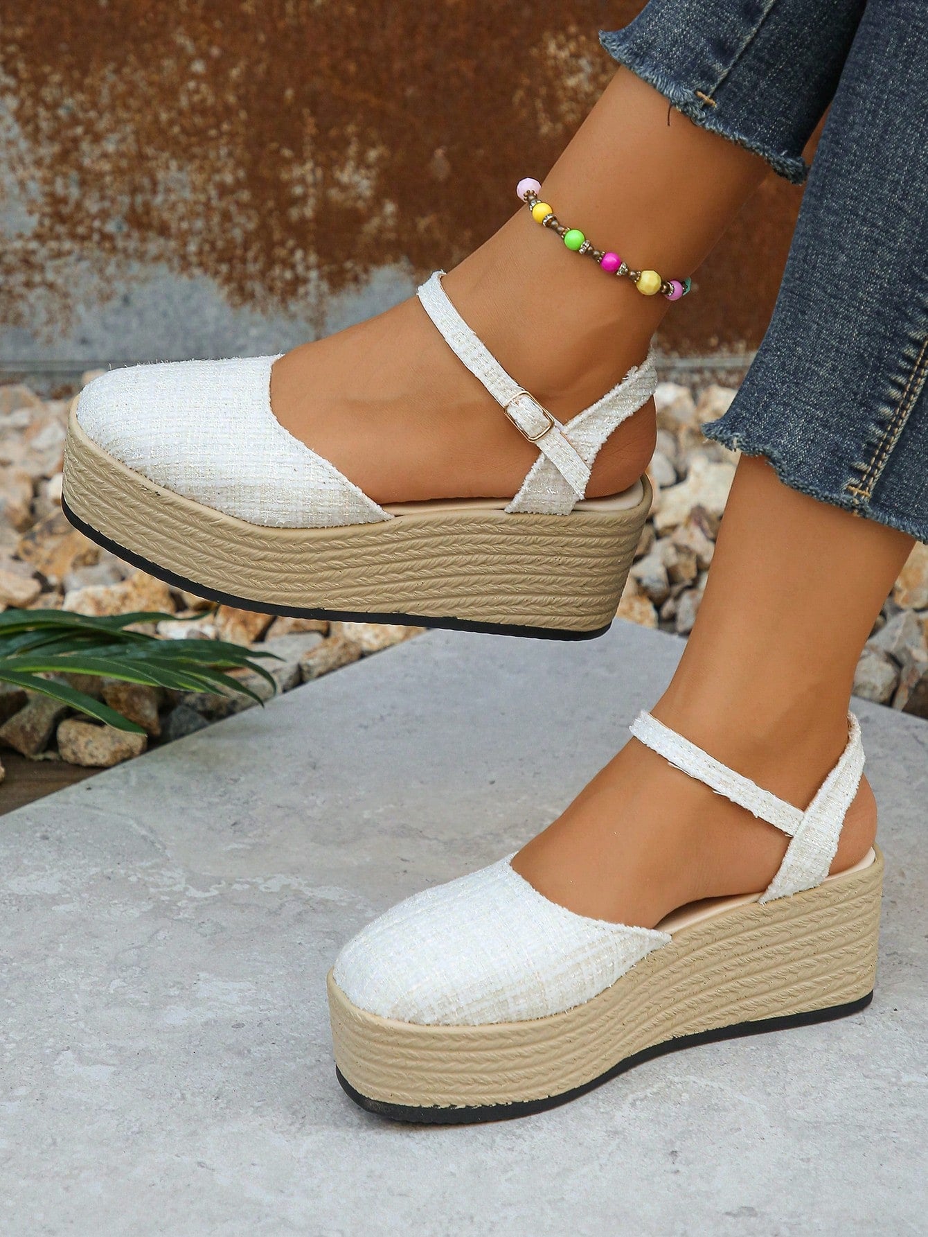 Plus Size European And American Style Suede Embroidered Hollow Thick-Soled Sandals, Daily Wear Waterproof Platform Espadrille Wedge Heel Slip-On Shoes For Women