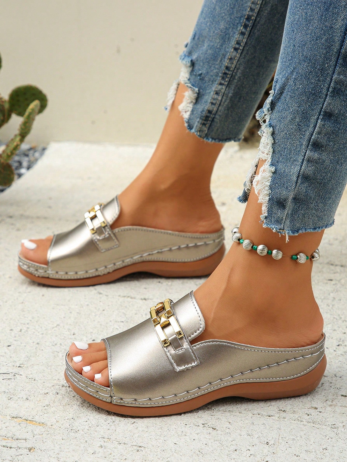 Women's Plus Size Summer Fashionable Outdoor Gold Metal Buckle Wedge Heel Sandals, Suitable For US Shoe Size 36-45, Daily, Casual, Orange Roman Sandals, Lightweight And Comfortable, With Wedge Heel And Thick Sole