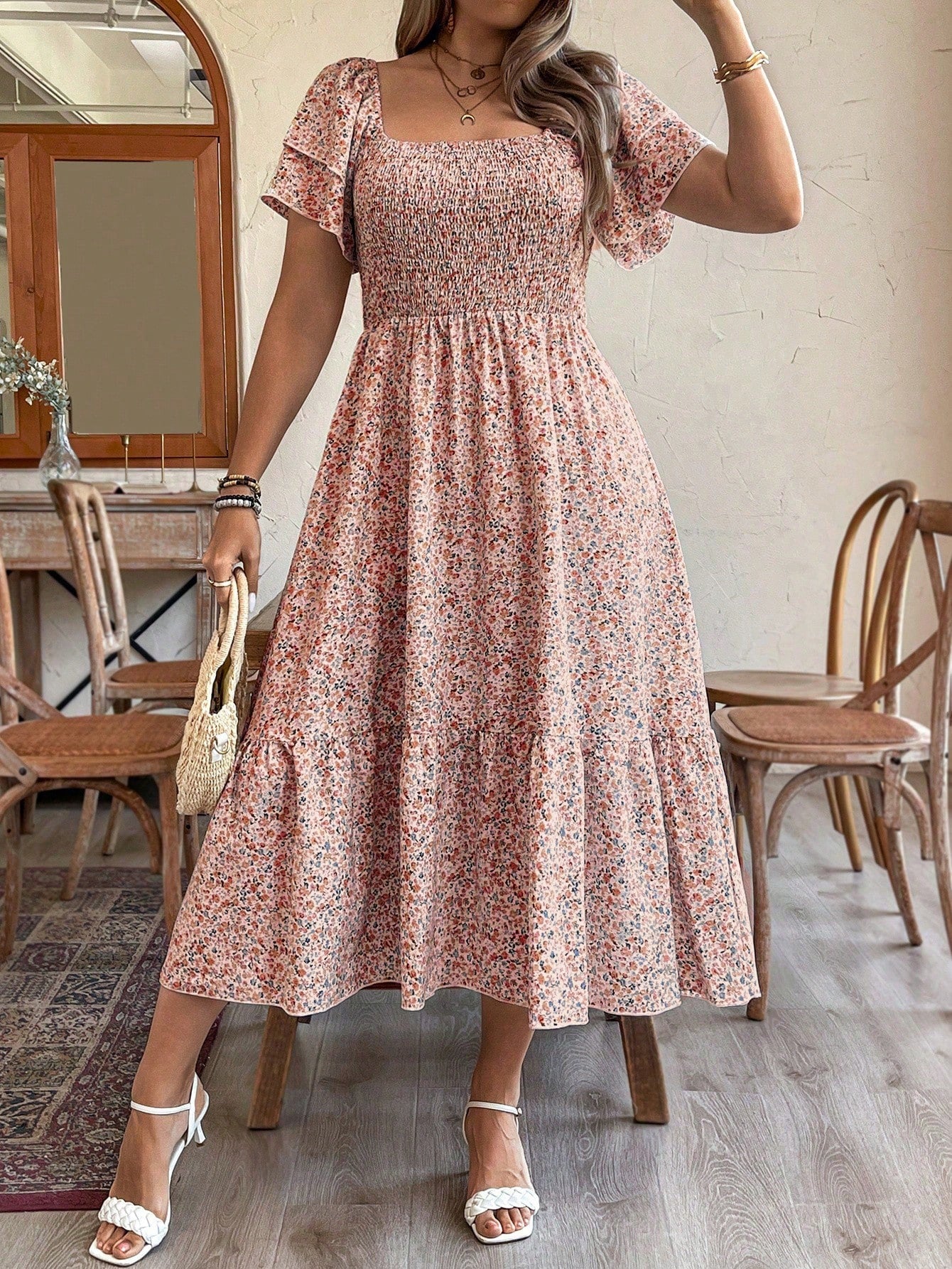 Plus Size Vacation/Leisure Ditsy Floral Print Dress With Cinched Waist