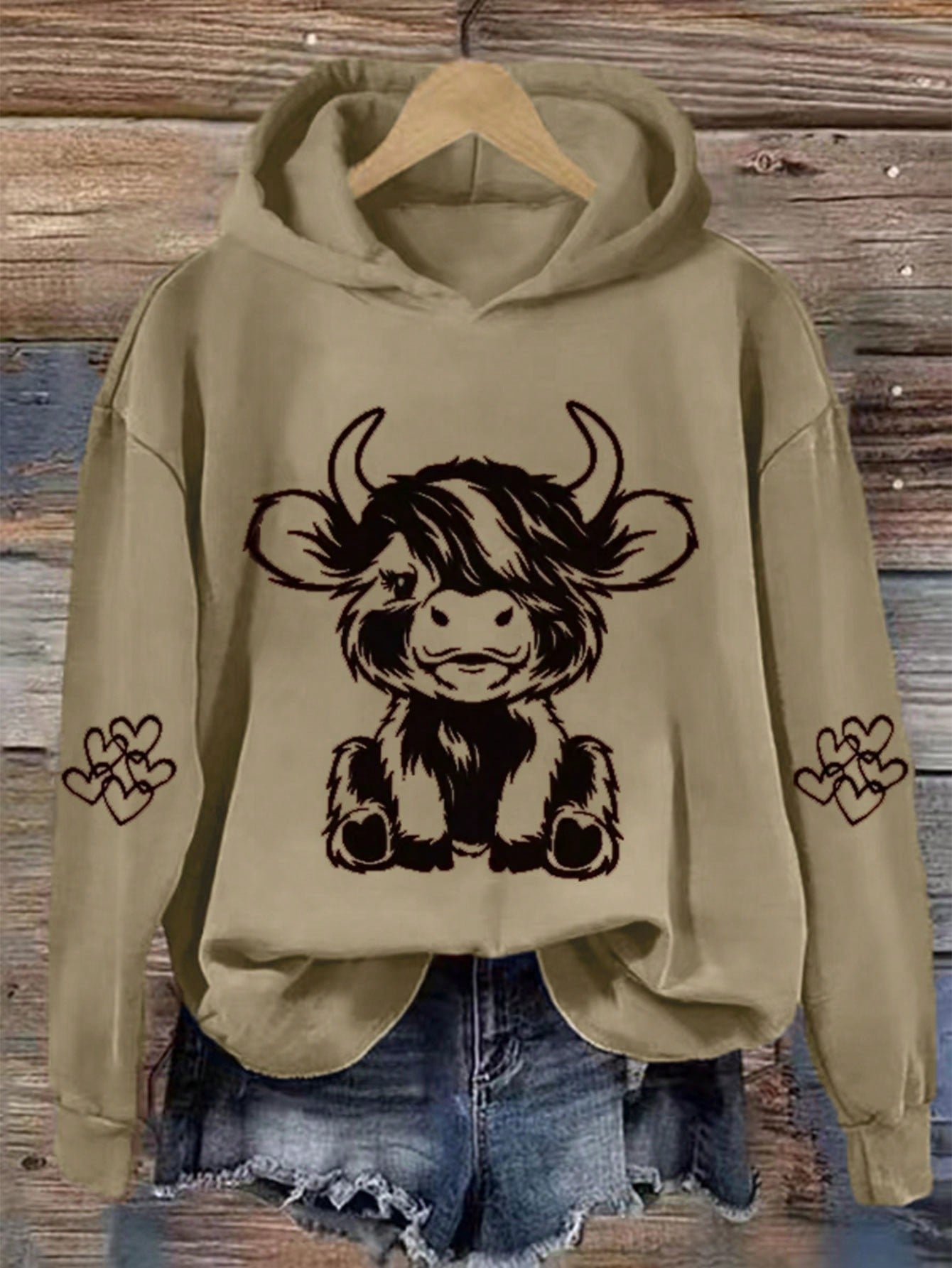 Women Spring And Autumn Cartoon Cow Print Drop Shoulder Long Sleeve Hooded Loose Casual Sweatshirt