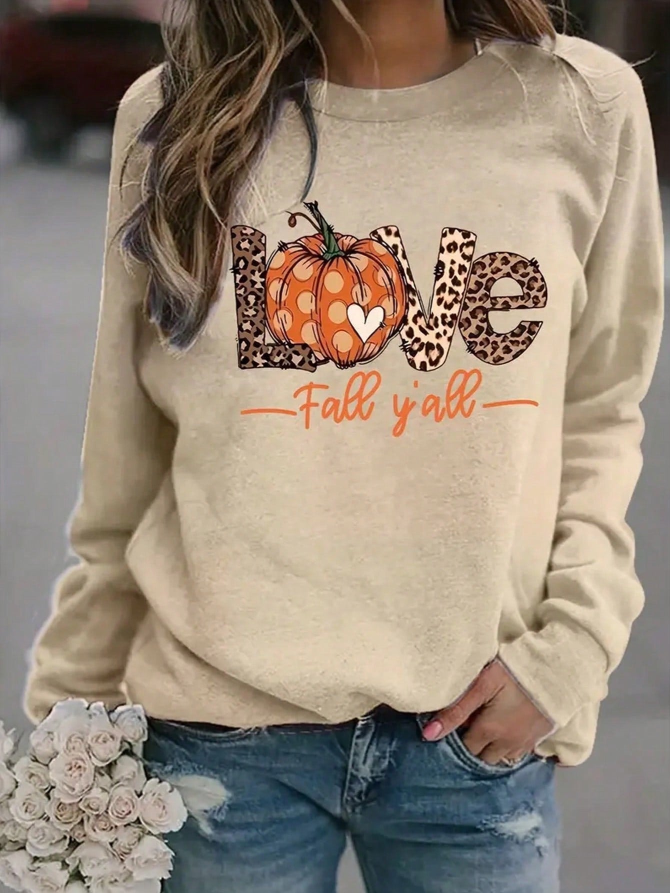 Plus Size Women's Simple Printed Long Sleeve Round Neck Sweatshirt