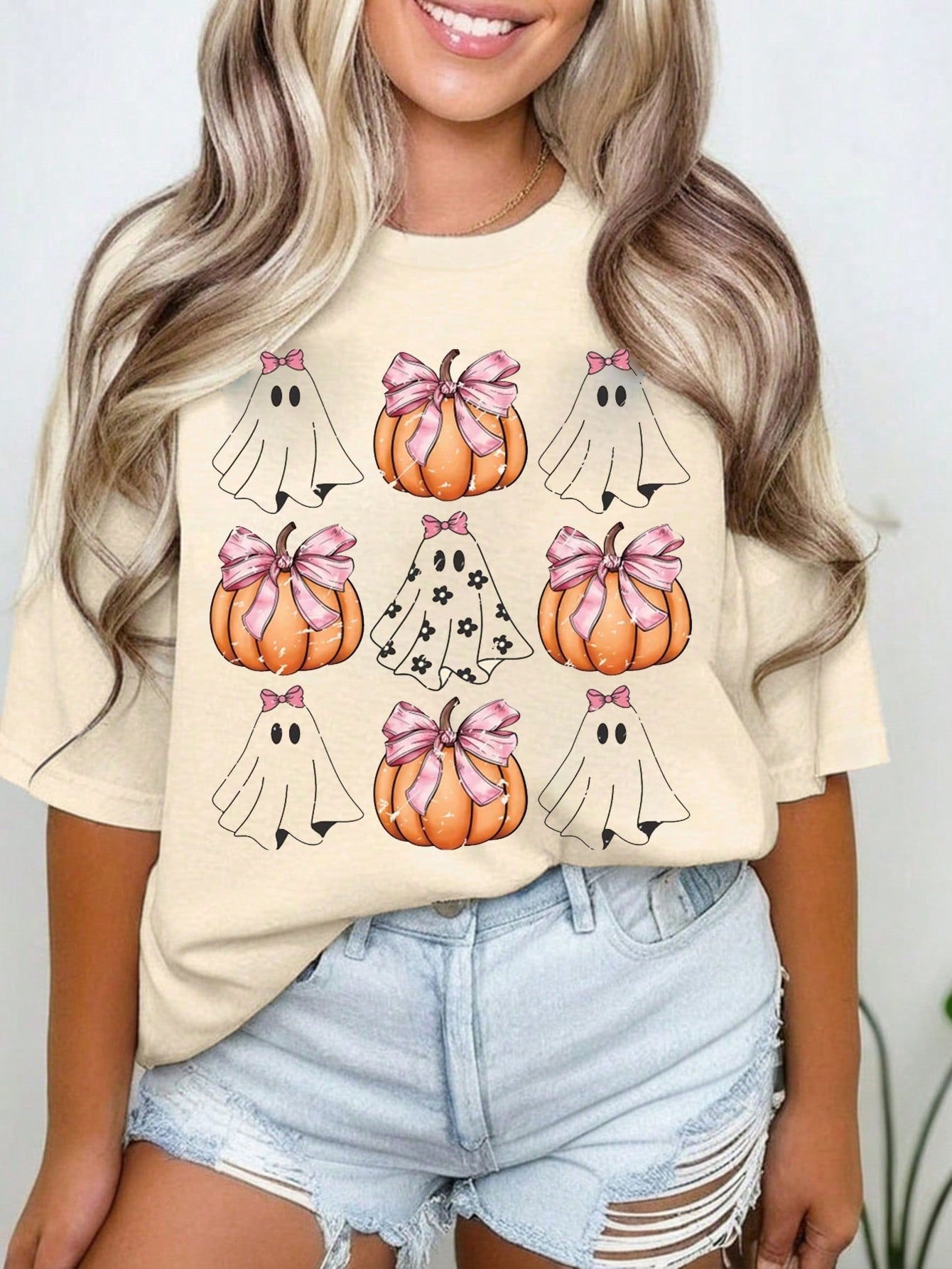 Plus Size Crew Neck Pumpkin Printed Short Sleeve Top, Casual Everyday Wear