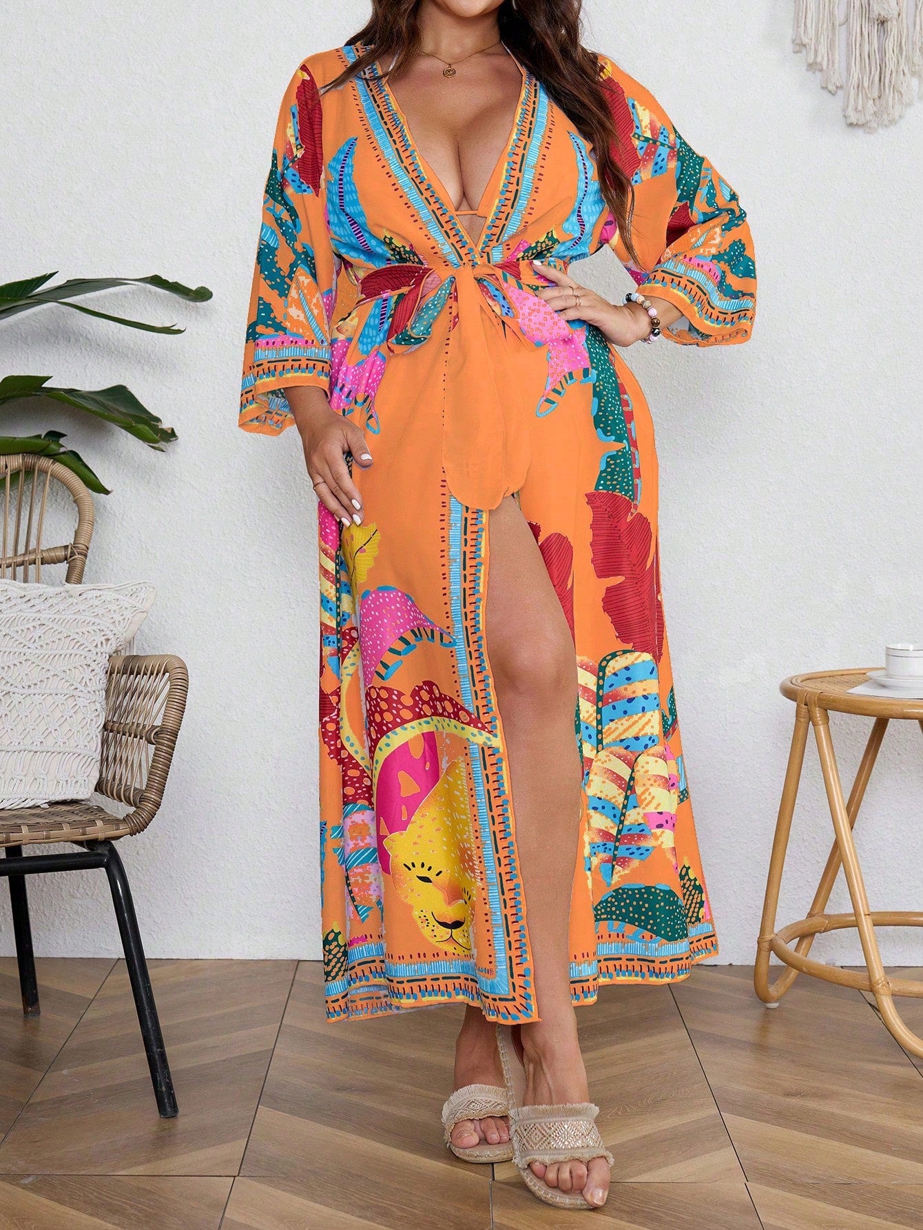 Plus Size Women's Tropical Plant Printed Loose Kimono With 3/4 Sleeves, Long Length, For Vacation