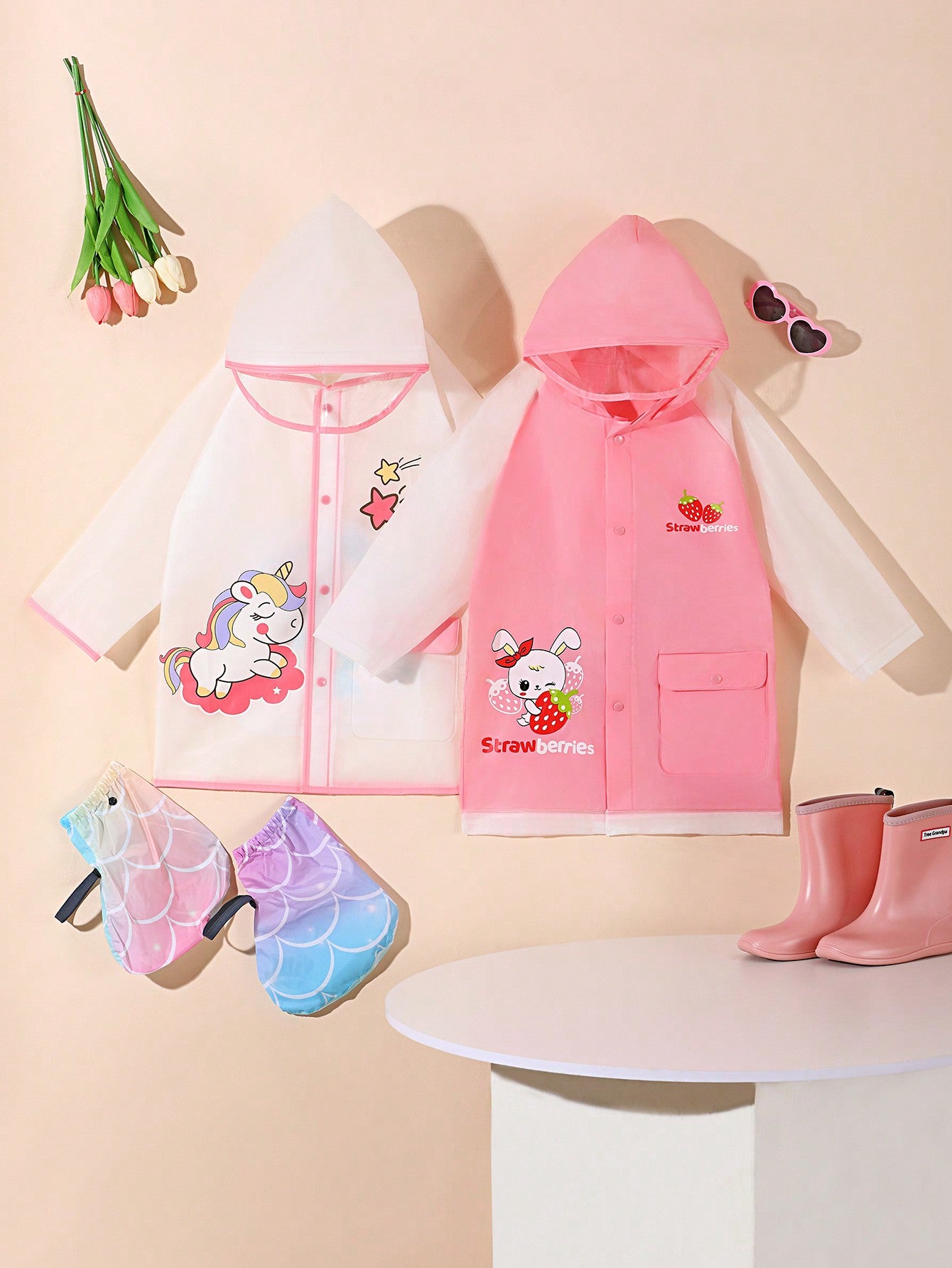 Cute Unicorn & Bunny Printed Outdoor Waterproof Raincoat For Toddler Girls, Ideal For Hiking And Playtime