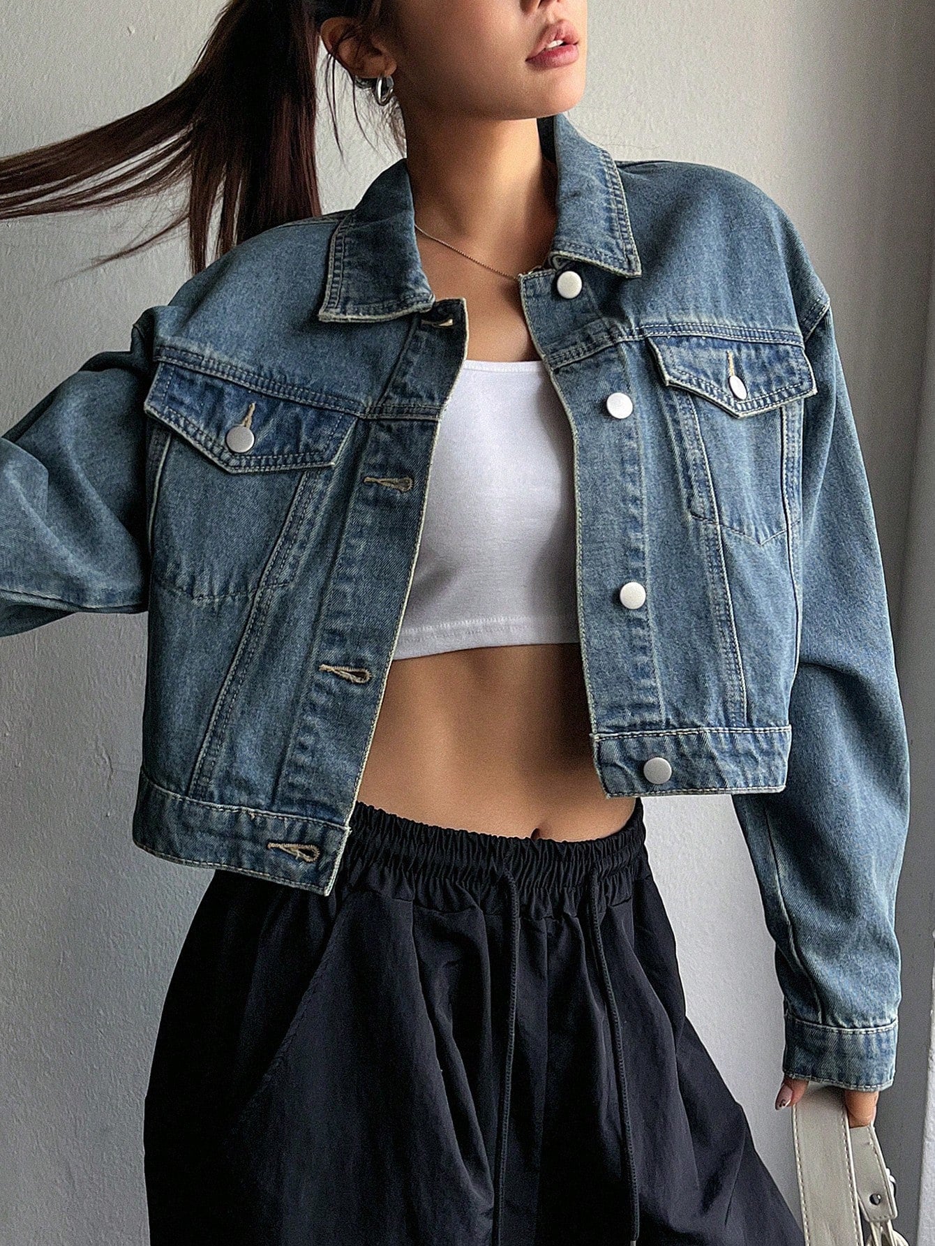 Drop Shoulder Crop Denim Jacket