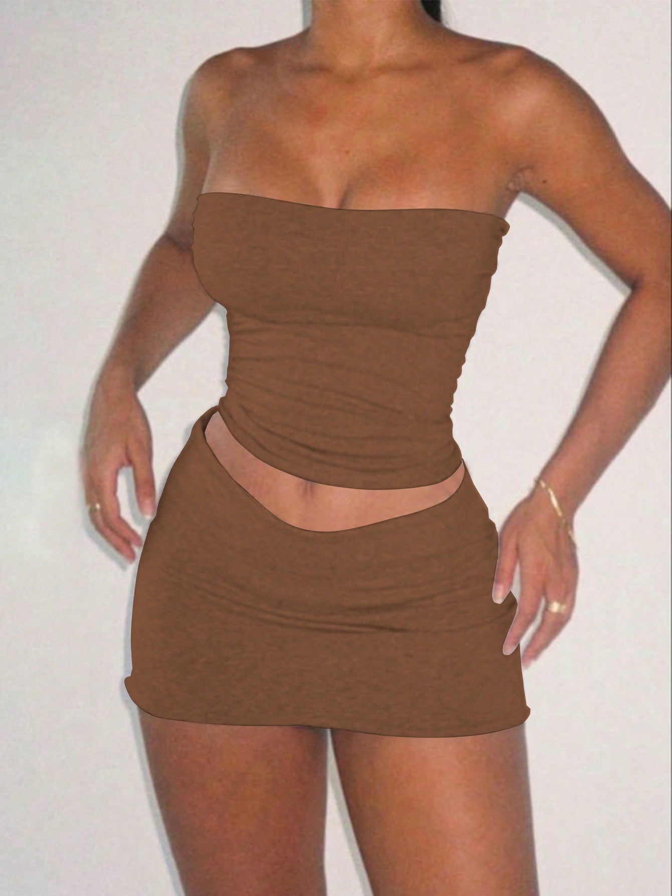 Ladies' Solid Color Pleated Bandeau Top And Bodycon Skirt Set