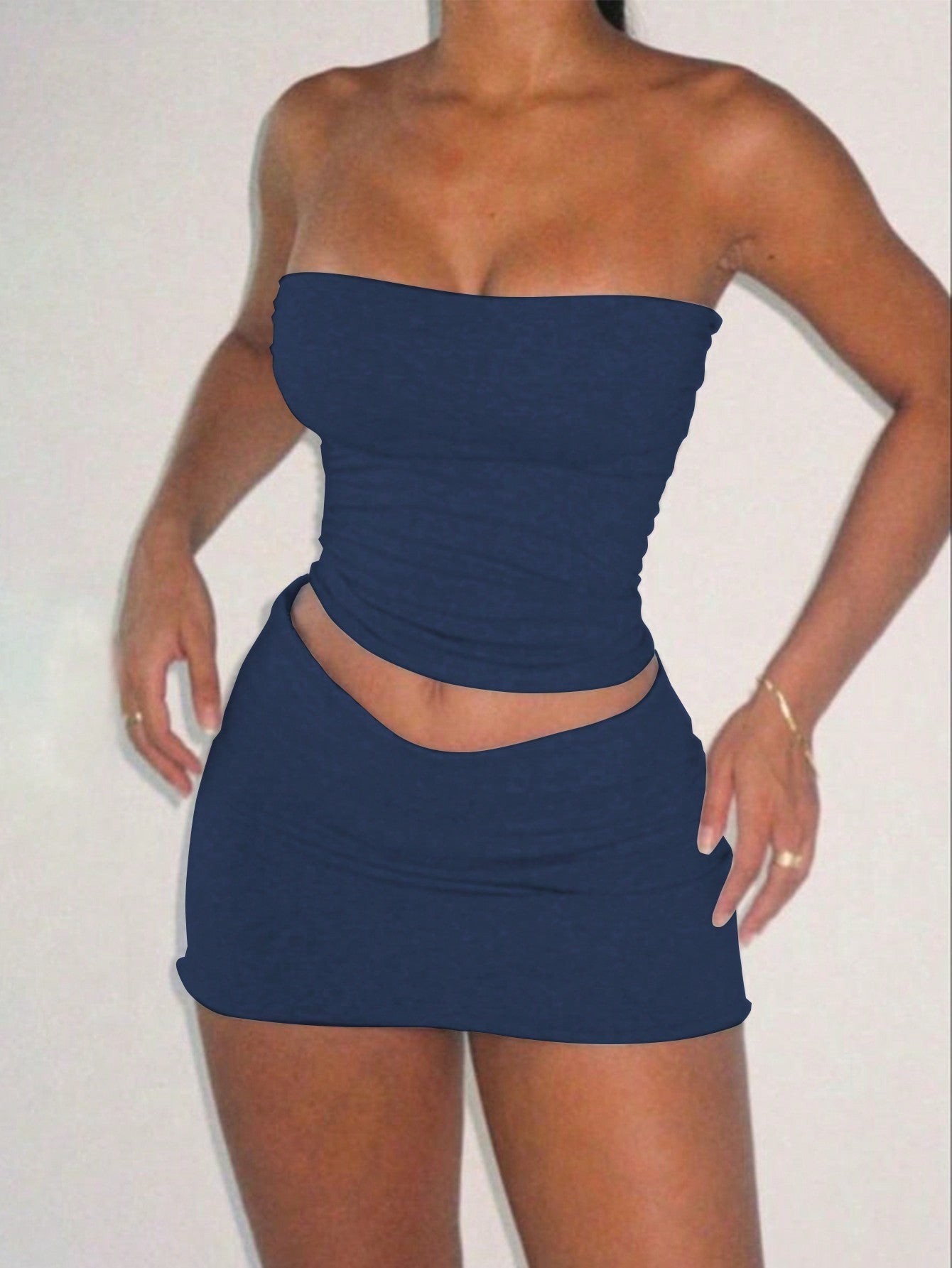 Women Solid Strapless Tops & Short Skirt For Summer