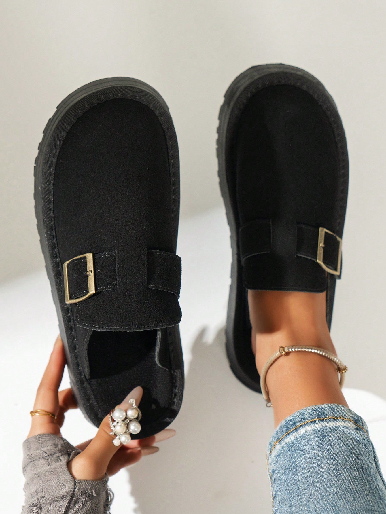 Women's Height Increasing Half Slip-On Casual Fashion Fur Loafers & Thick Sole Shoes For Spring/Autumn 2024