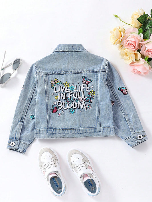 Girls' Medium Washed Blue Simple And Versatile Cute Exquisite Butterfly Letter Embroidery Spring And Autumn Denim Jacket